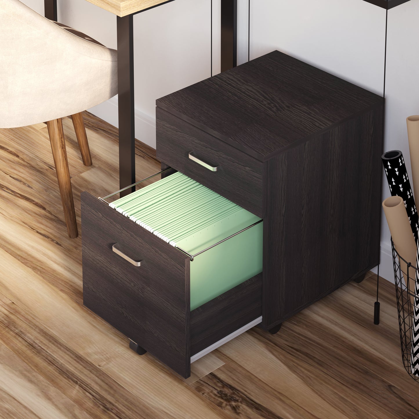 Vinsetto 2-Drawer Locking Office Filing Cabinet w/ 5 Wheels Rolling Storage Hanging A4 Cupboard Home Organisation Black Wood Grain