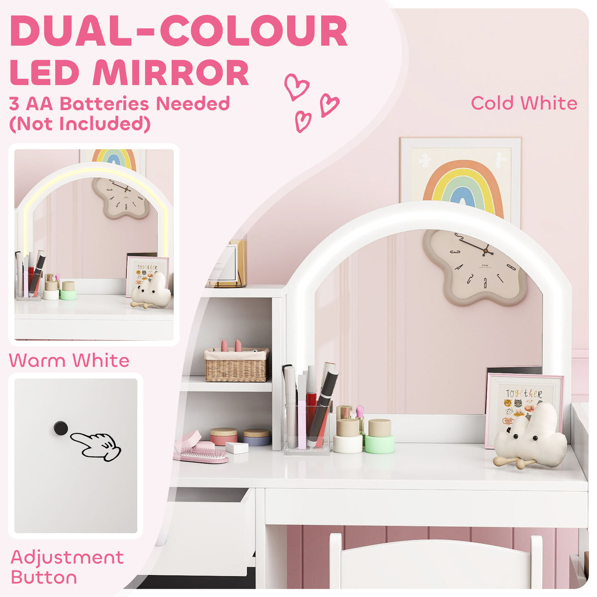 AIYAPLAY Kids Vanity Table and Chair Set, Girls Dressing Table with 2-Colour LED Mirror, Stool, Cabinet, Drawer, Shelves, White