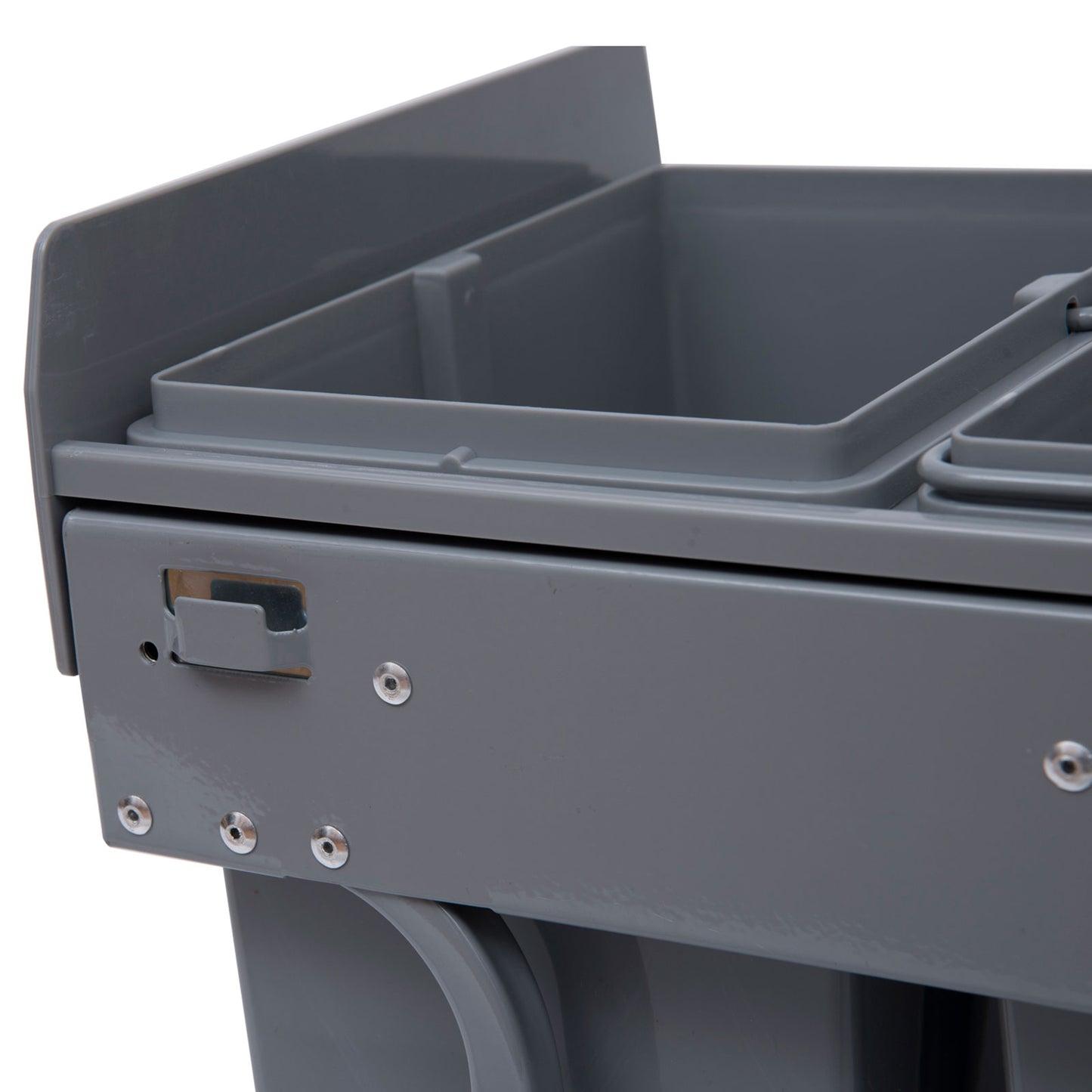 HOMCOM gray recycling bin close-up showing the rim, slide mechanism, and fasteners