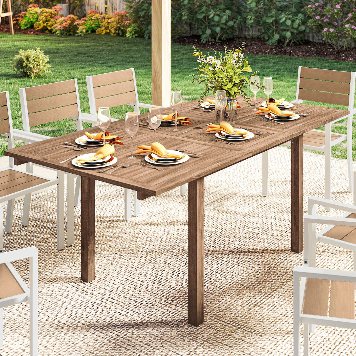 Outsunny Extending Garden Table, Outdoor Dining Table for 6-8 with Acacia Wood Slatted Tabletop for Balcony Porch