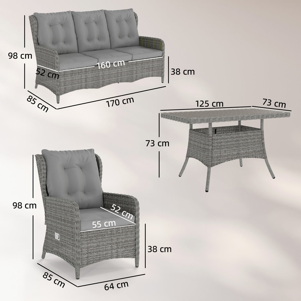 Outsunny 5 Seater Rattan Garden Furniture Set with Sofa, Reclining Chairs, Table, Patio Rattan Furniture Sofa Sets, Grey