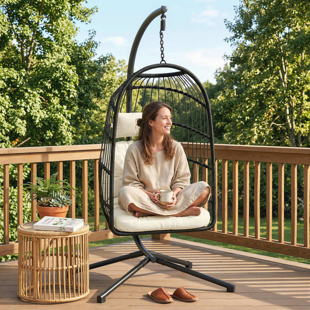 Outsunny Hanging Egg Chair, Indoor Outdoor Hammock Swing Chair with Stand, Safety Strap, Foldable Basket, Black/Cream White
