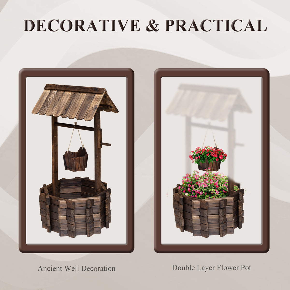 Wooden wishing well planter shown as a decorative well and a two-tier flower pot
