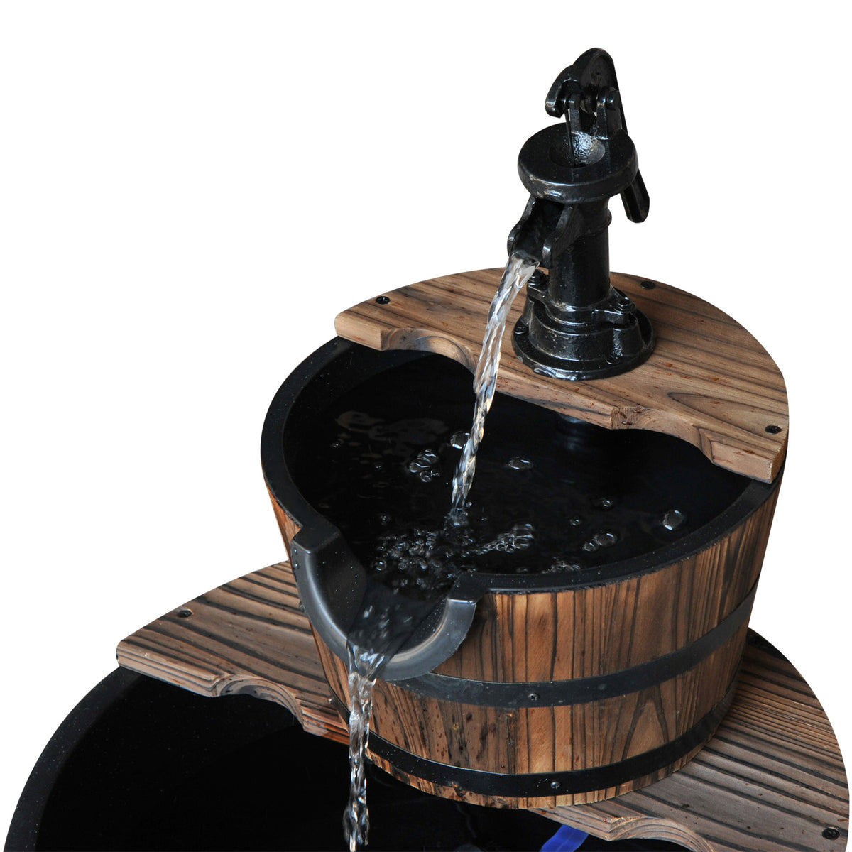 Close-up of the black hand pump and upper wooden fountain basin