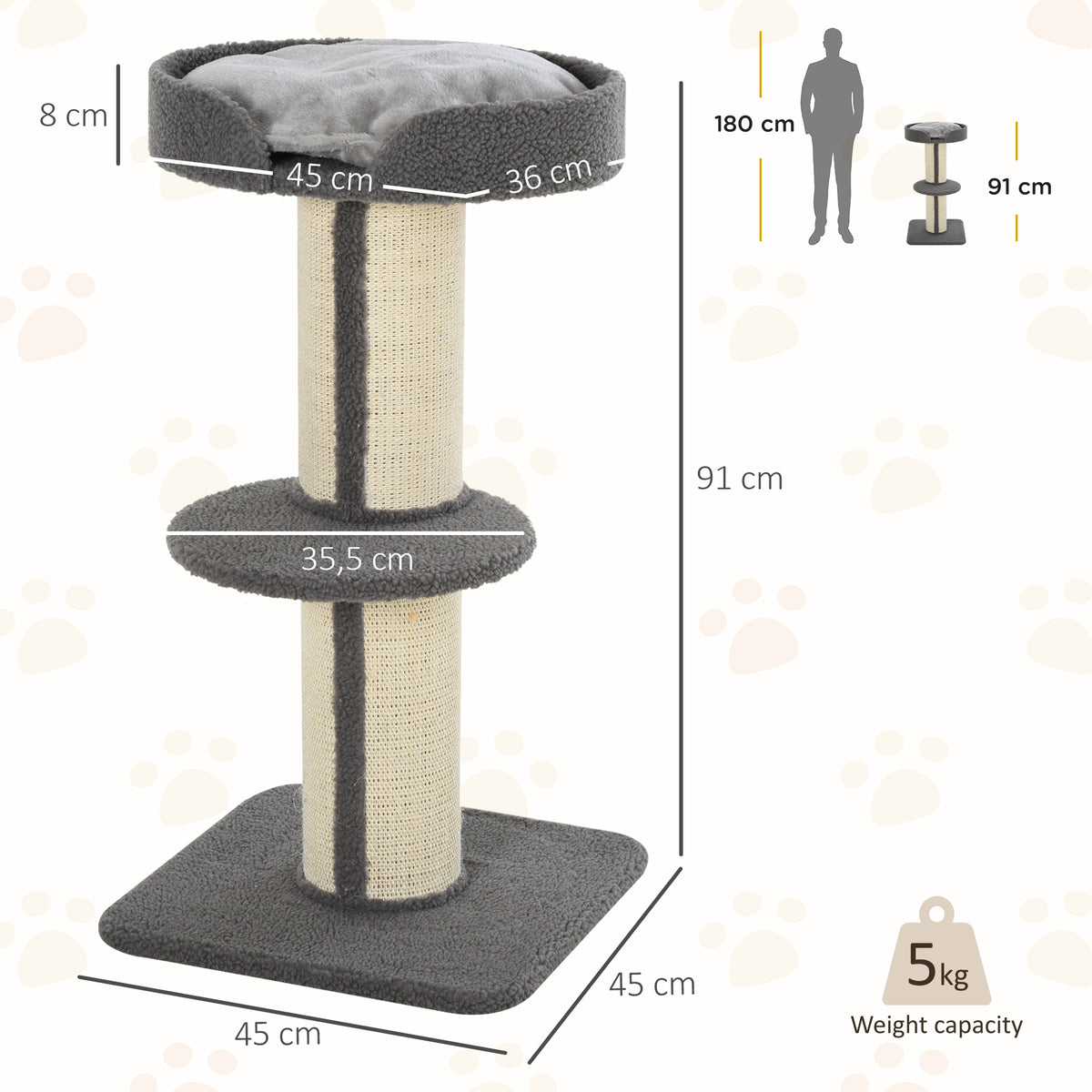 Gray cat tree with cushioned top bed, middle perch and sisal posts; 91 cm tall with 45 cm base