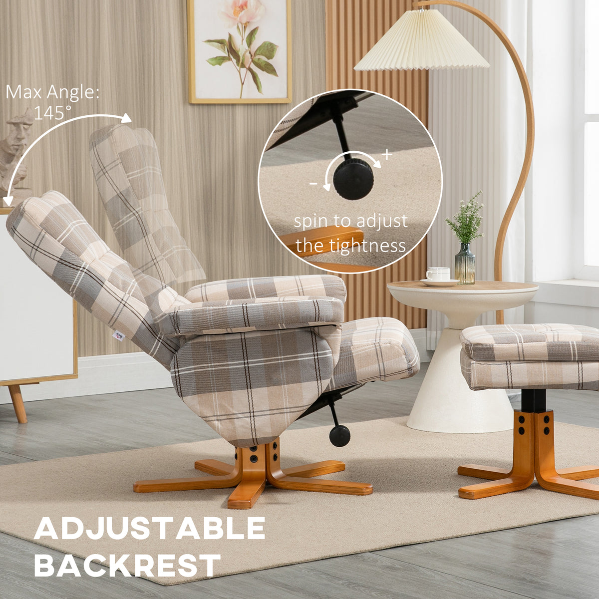 HOMCOM plaid recliner tilted back to show its adjustable reclining position