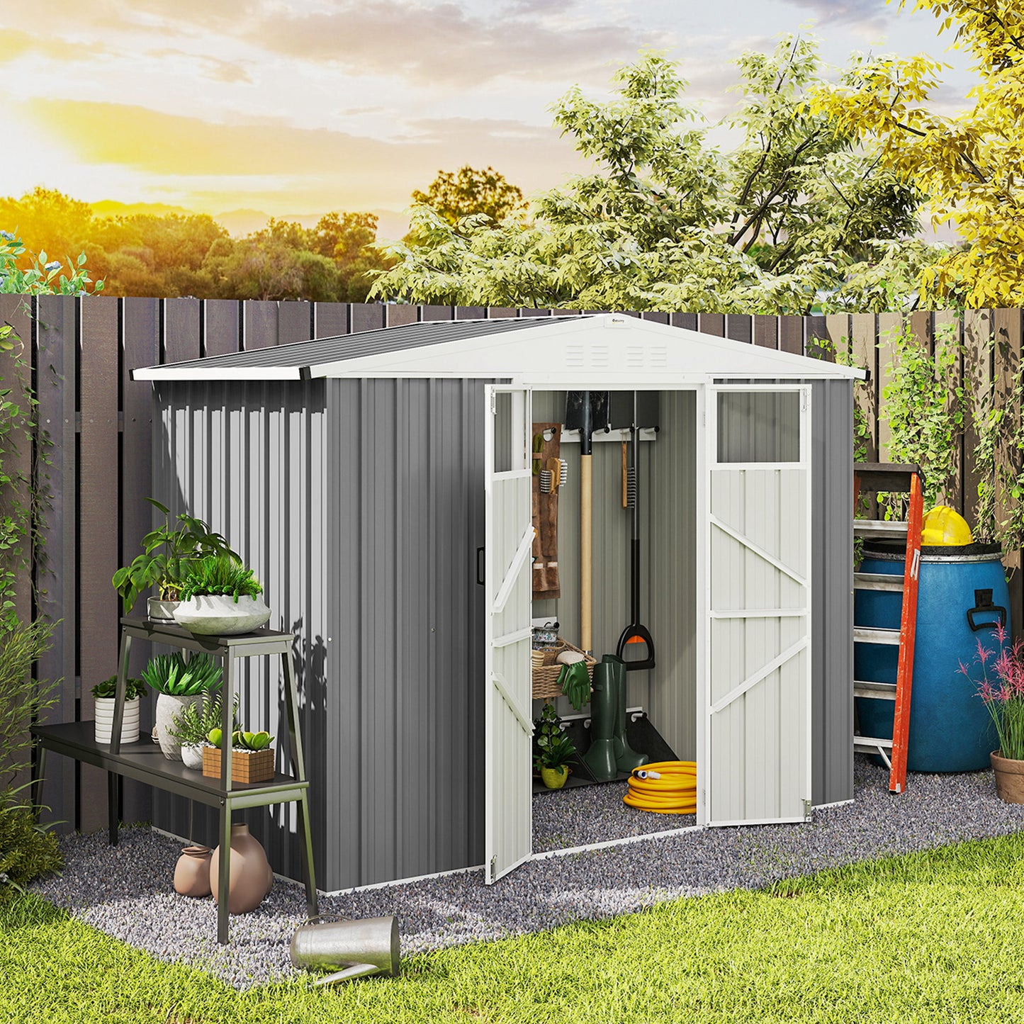 Outsunny 8 x 4 ft Metal Garden Shed, Garden Storage Shed with Window, 4 Vents and Lockable Door, Waterproof Galvanised Steel Tool Storage Shed, Light Grey