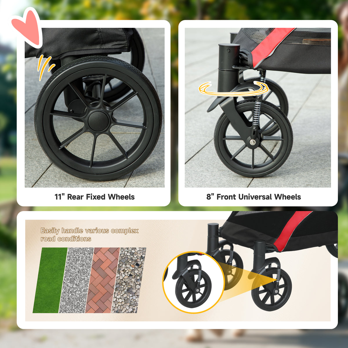 PawHut stroller wheel details, including fixed rear wheels and swivel front wheels
