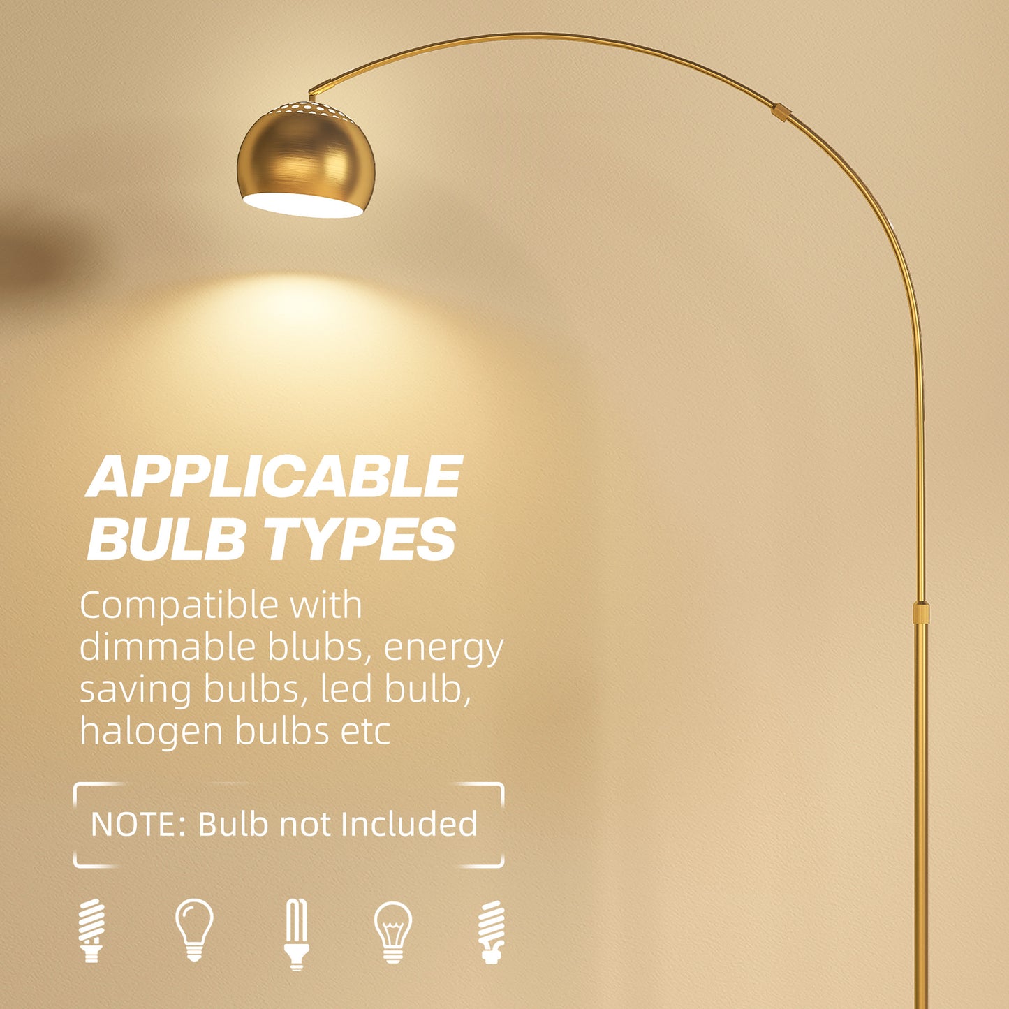 HOMCOM 167cm Arc Floor Lamp for Living Room, Modern Adjustable Standing Lamp with Foot Switch, Faux Black Marble Base and Bell Shade for Home Offices, Bedrooms, Gold Tone