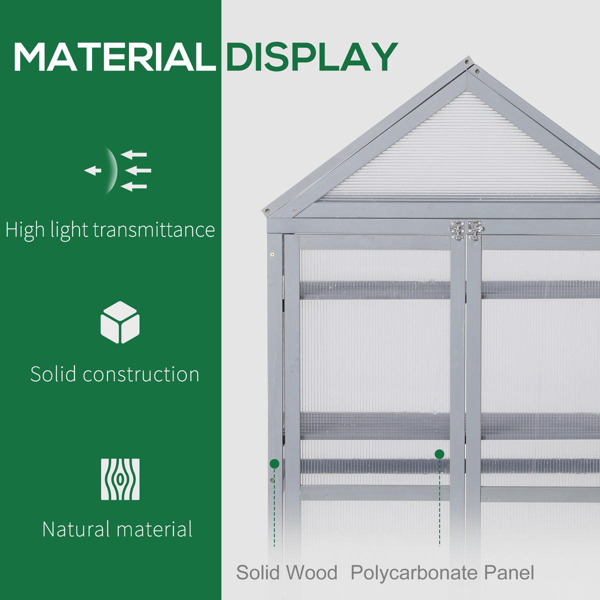 Grey greenhouse showing translucent polycarbonate panels and solid wood frame
