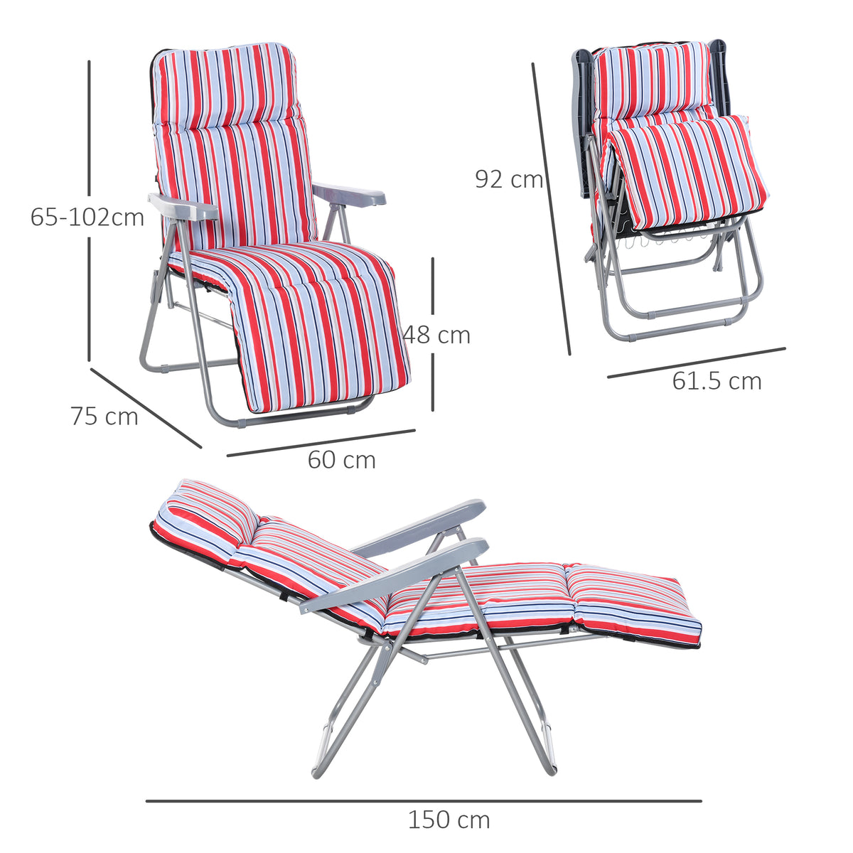 Set of two red, white, and blue striped reclining garden chairs with cushions, shown at adjustable angles