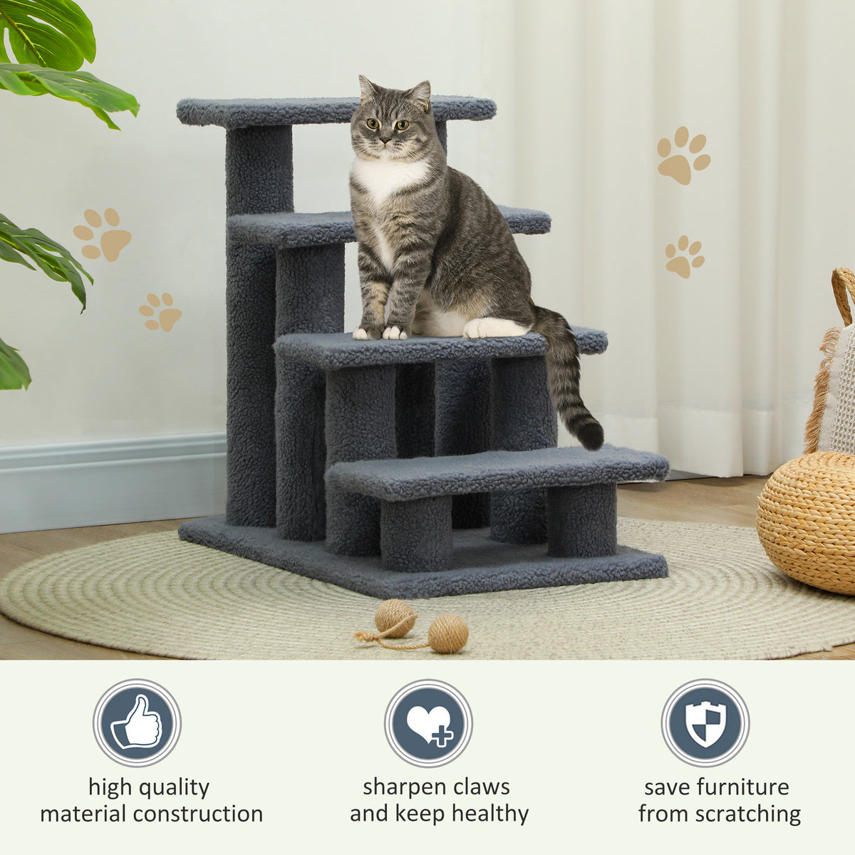 Grey four-step pet stairs with a cat sitting on a middle platform