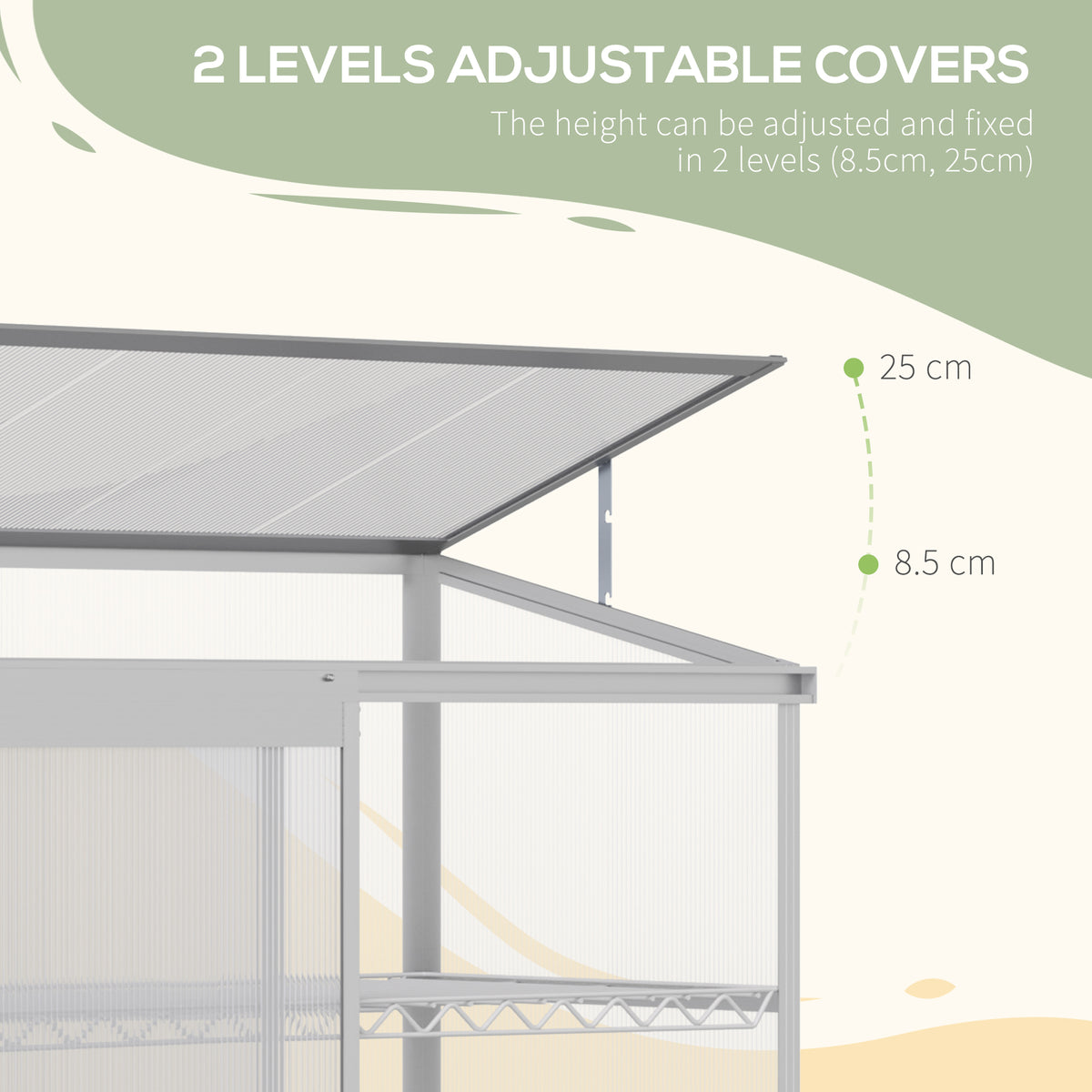Outsunny greenhouse roof shown adjusted to two opening heights