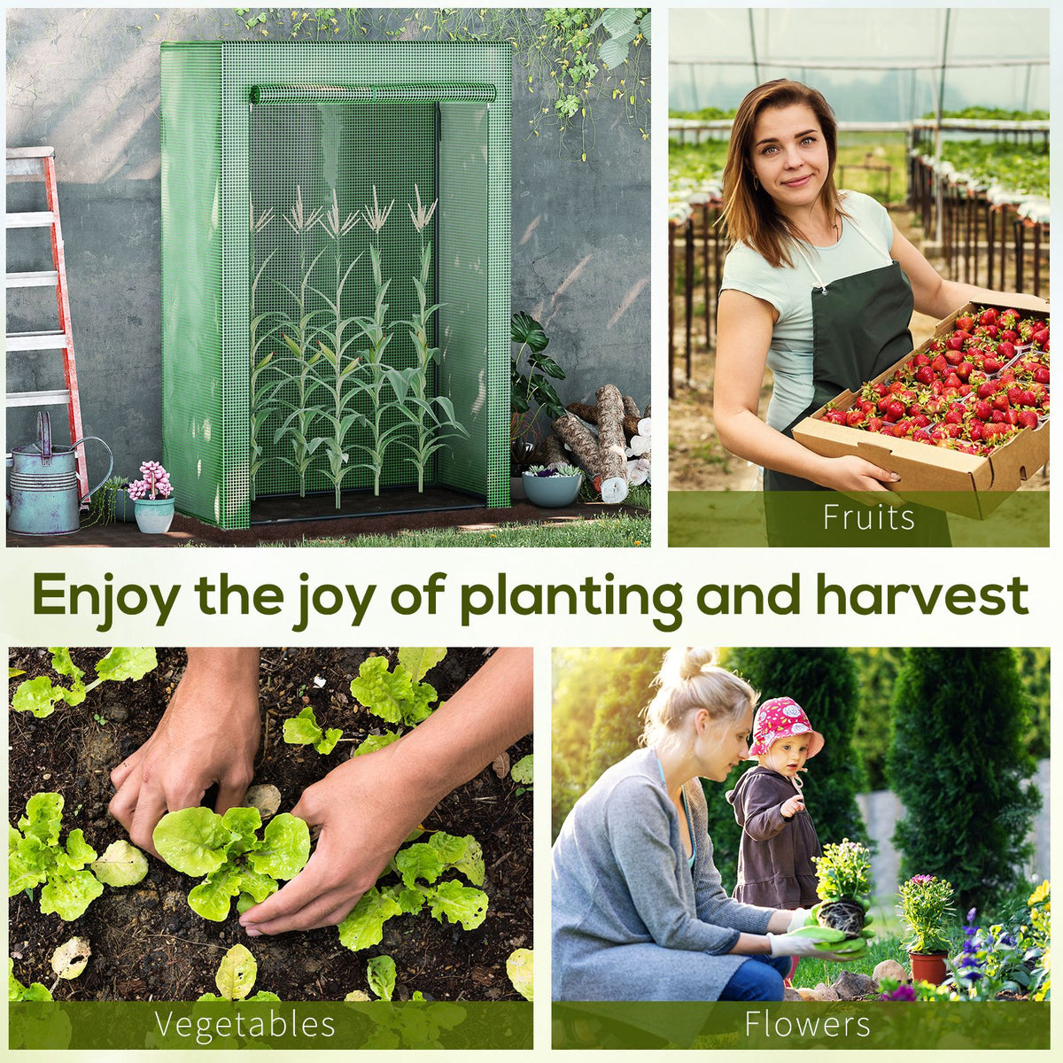 Green PE tomato greenhouse shown among garden plants