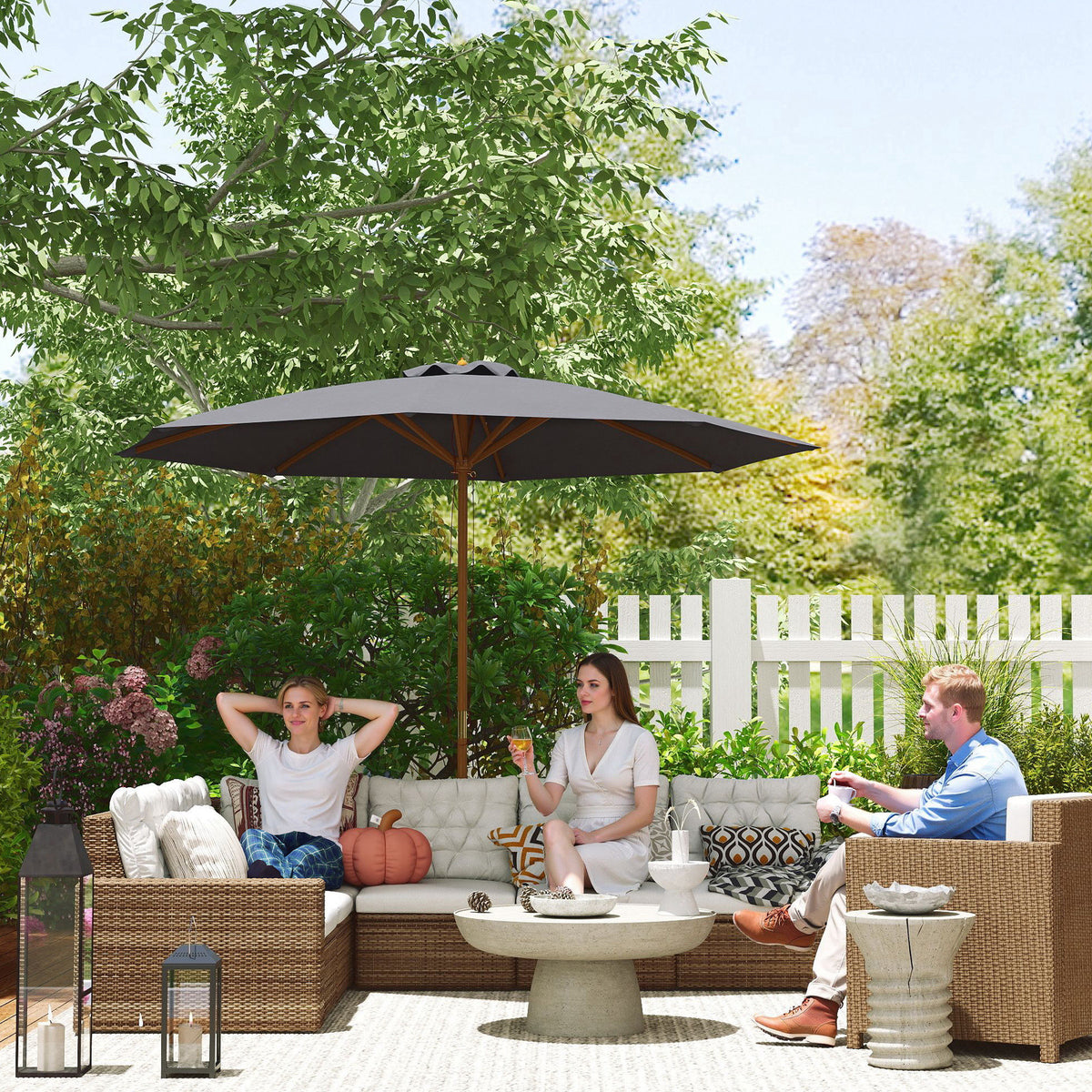 Outsunny 3m Wood Pole Parasol Umbrella - Grey
