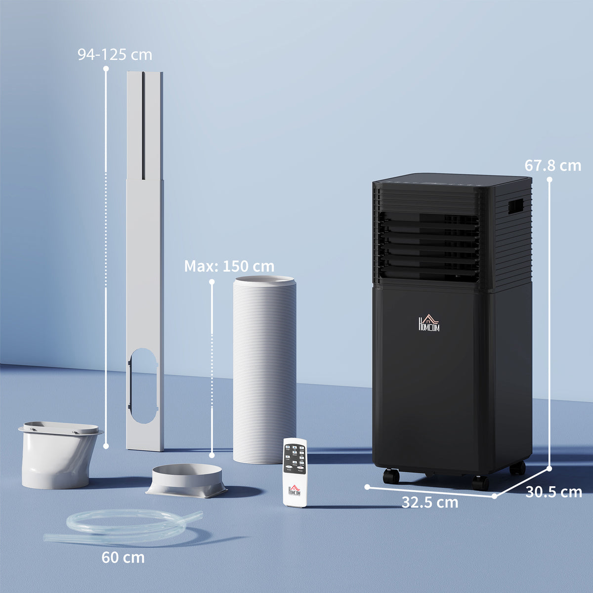 HOMCOM portable air conditioner with remote, exhaust hose, window kit and dimensions