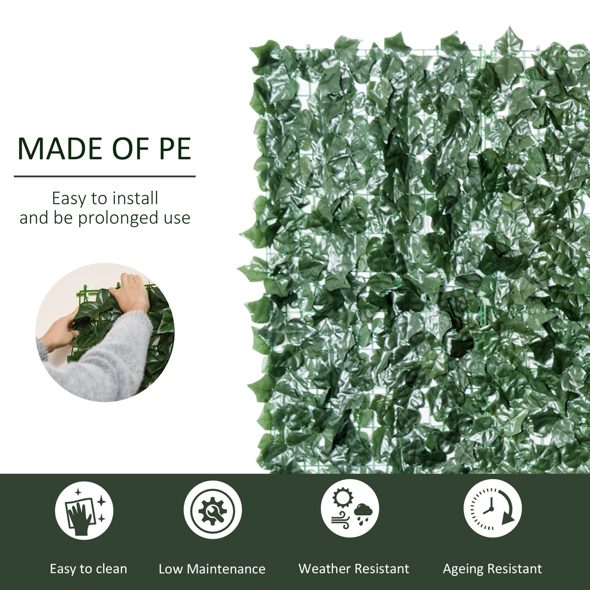 Outsunny dark green artificial leaf hedge screen with PE leaves and mesh backing