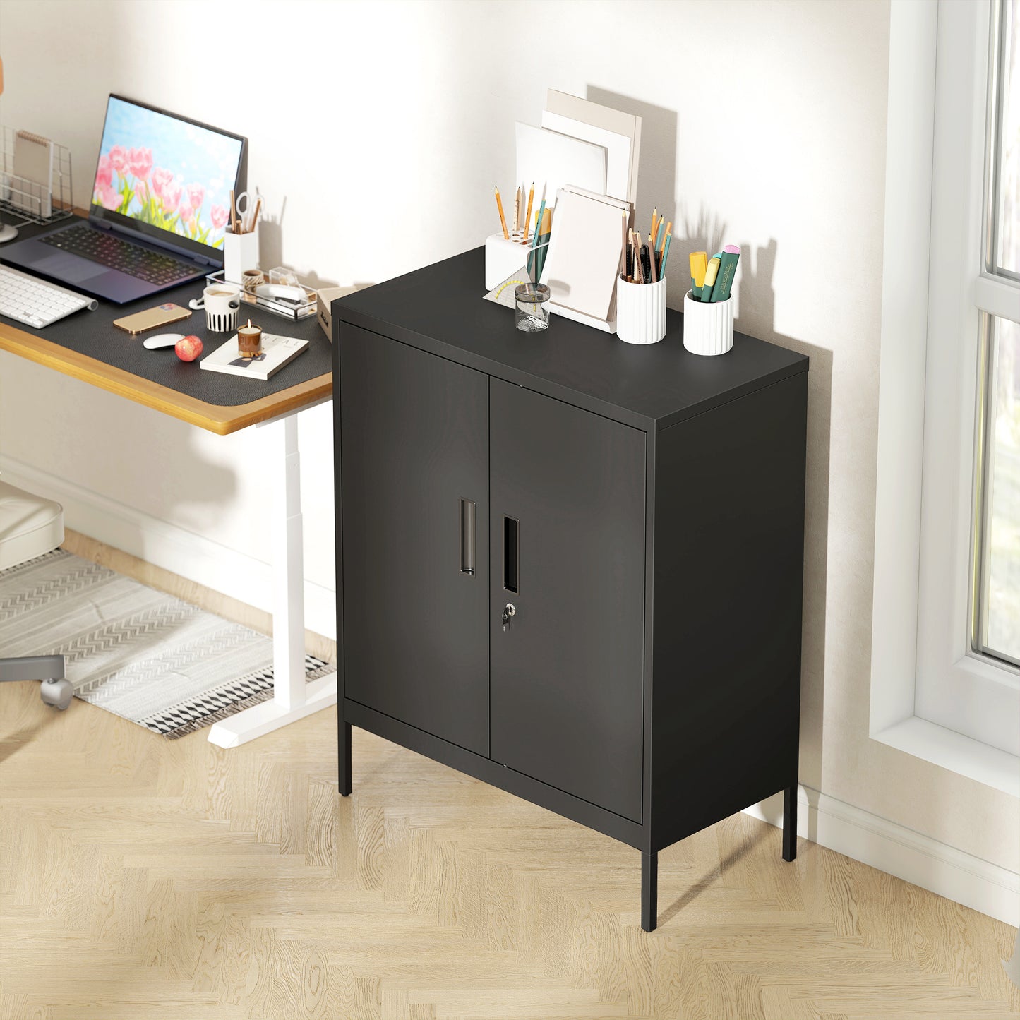 HOMCOM Metal Storage Cabinet with Lock and Adjustable Shelves - Black