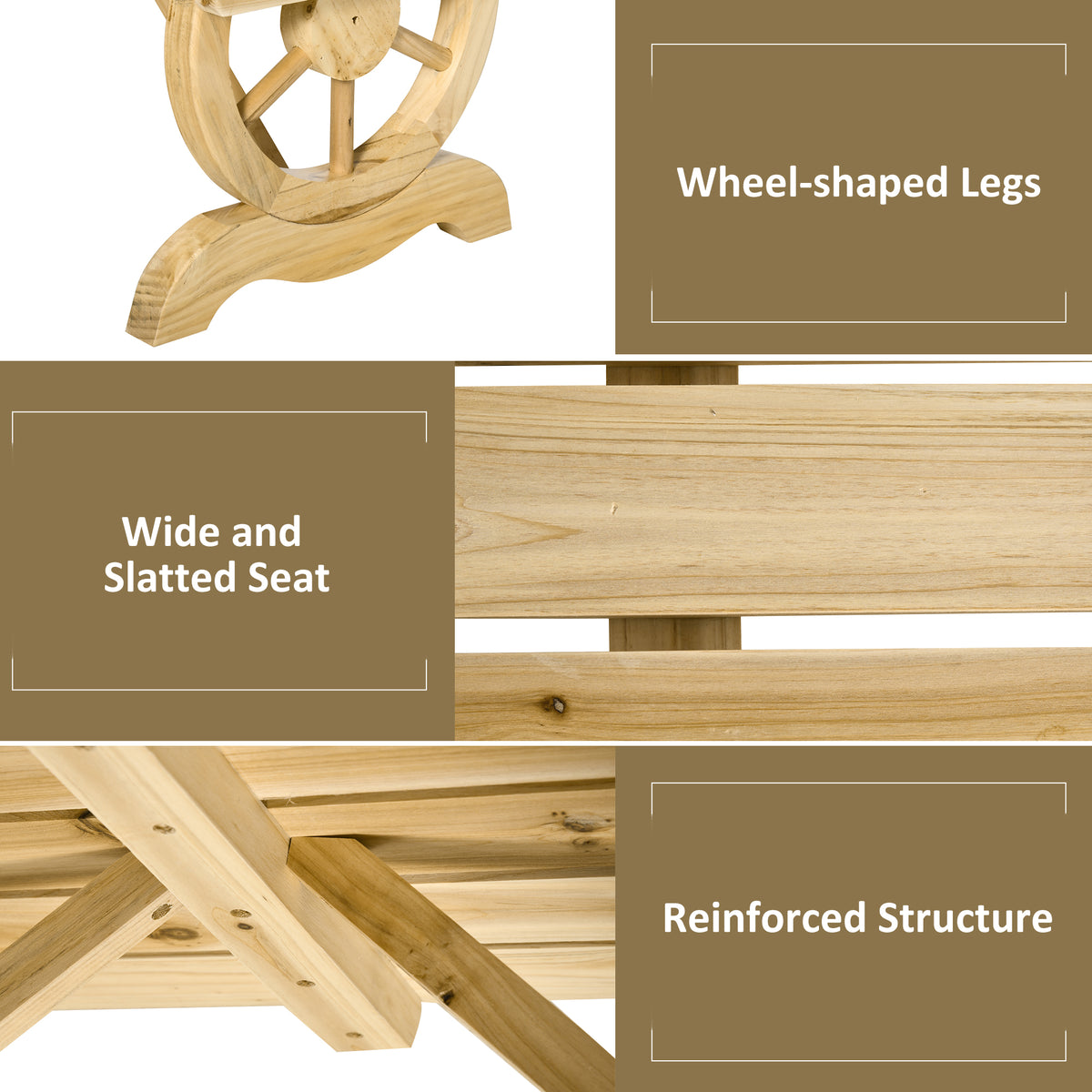 Outsunny wooden garden bench details: slatted seat, wheel-shaped legs and reinforced frame
