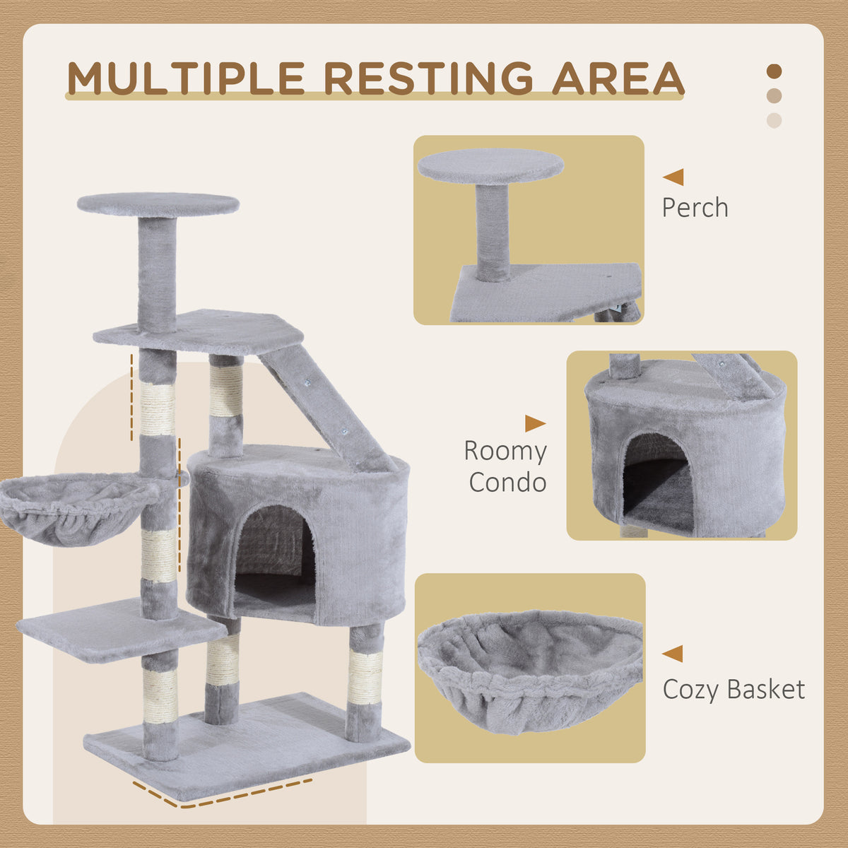 PawHut gray cat tree with a top perch, enclosed condo, and round resting basket