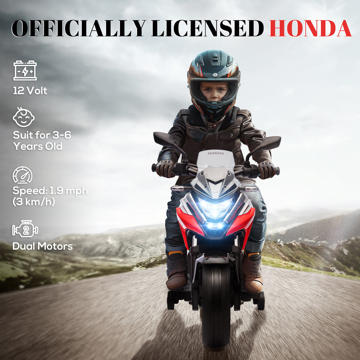 AIYAPLAY 12V Honda Licensed Kids Electric Motorbike w/ Music, Safety lights, Early Education Function, for Ages 3-6 Years, Red