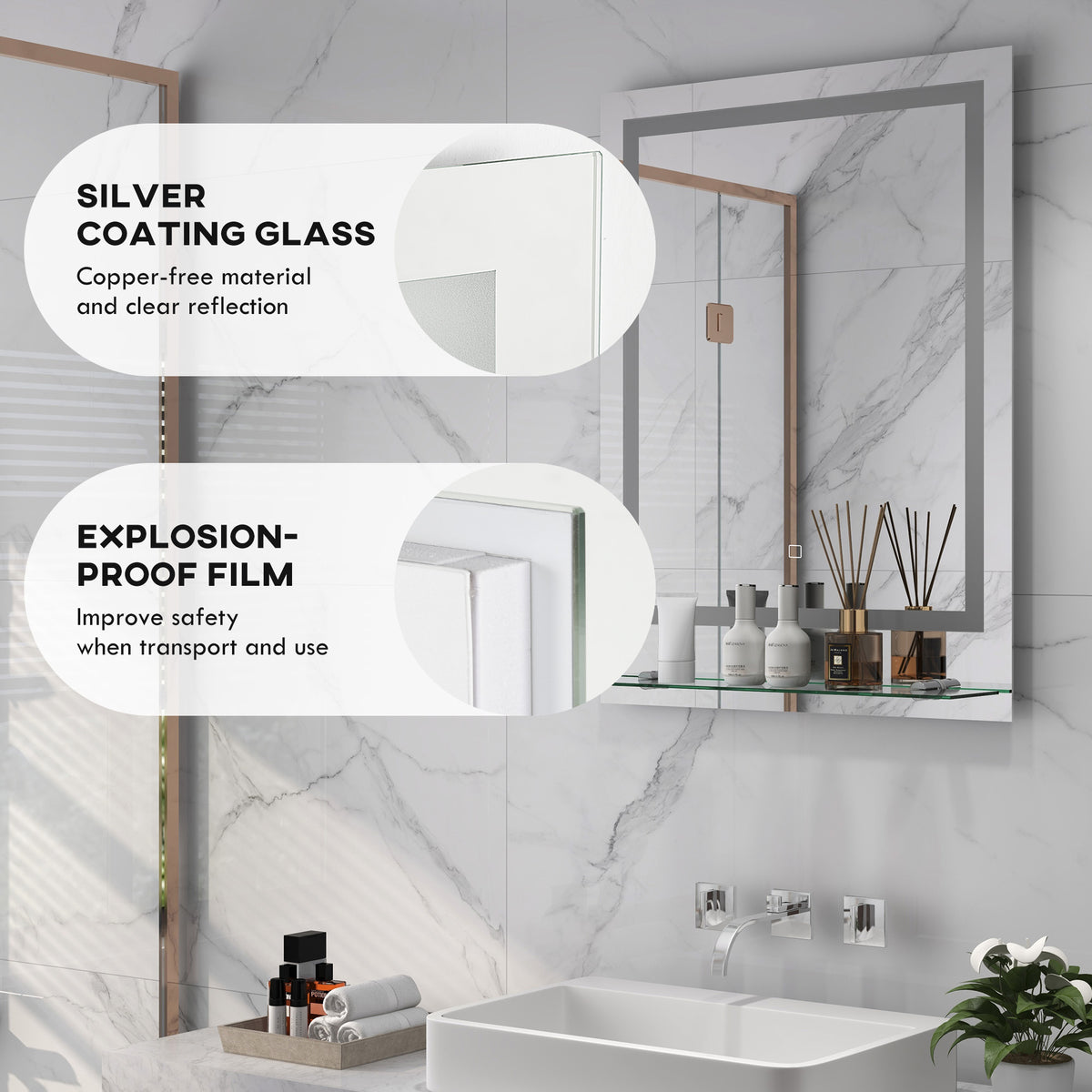 Bathroom mirror with silver-coated glass and tempered glass shelf
