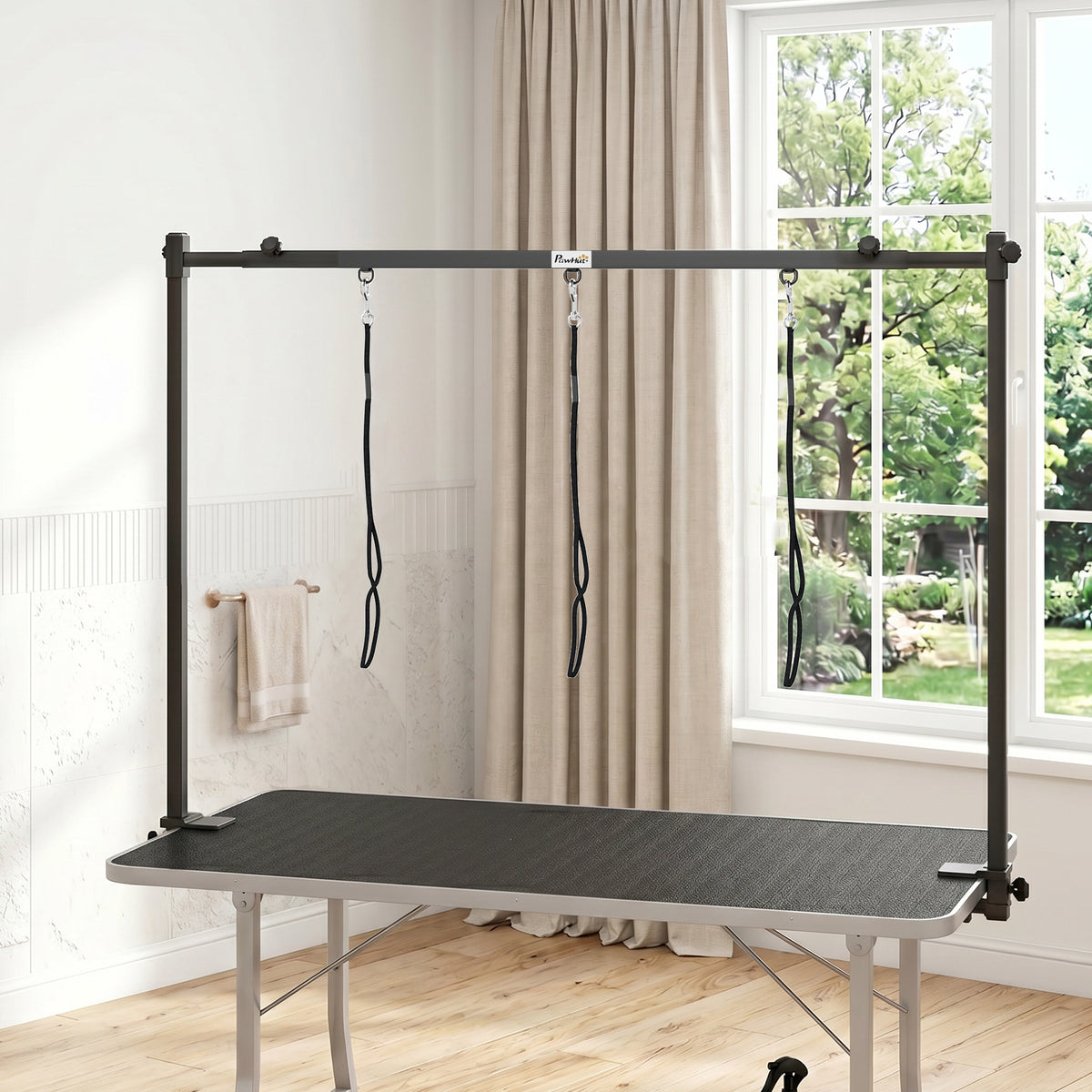 PawHut Dog Grooming Arm Adjustable H-Shape Dog Grooming Table Arm with Clamp and 3 Nooses Black