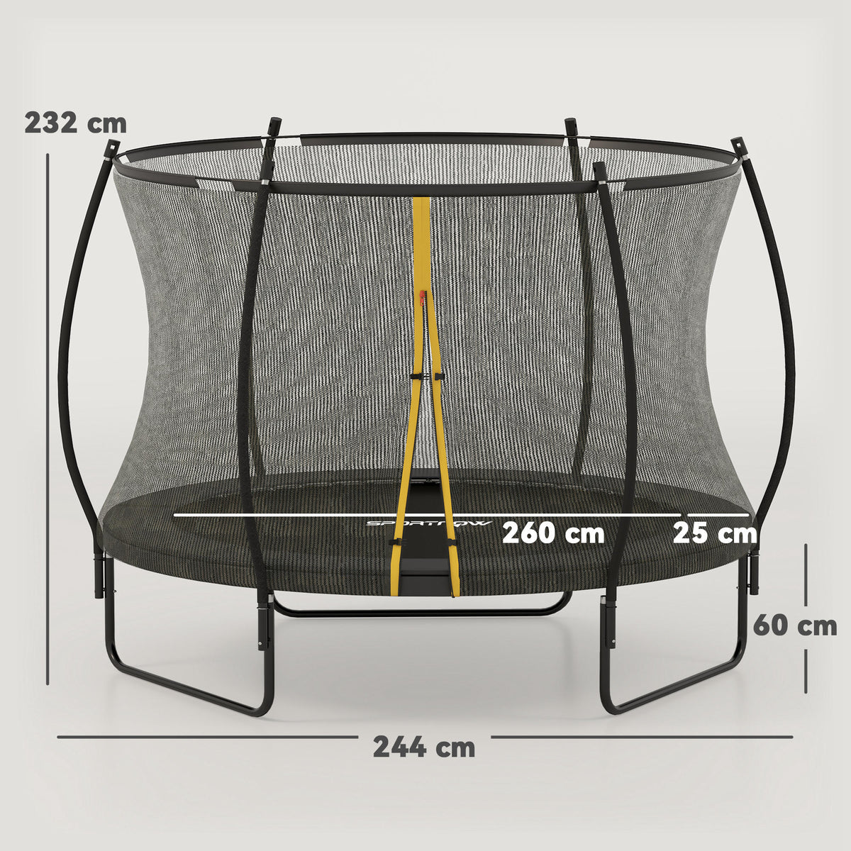 SPORTNOW trampoline with enclosure net and yellow entry, shown with frame dimensions