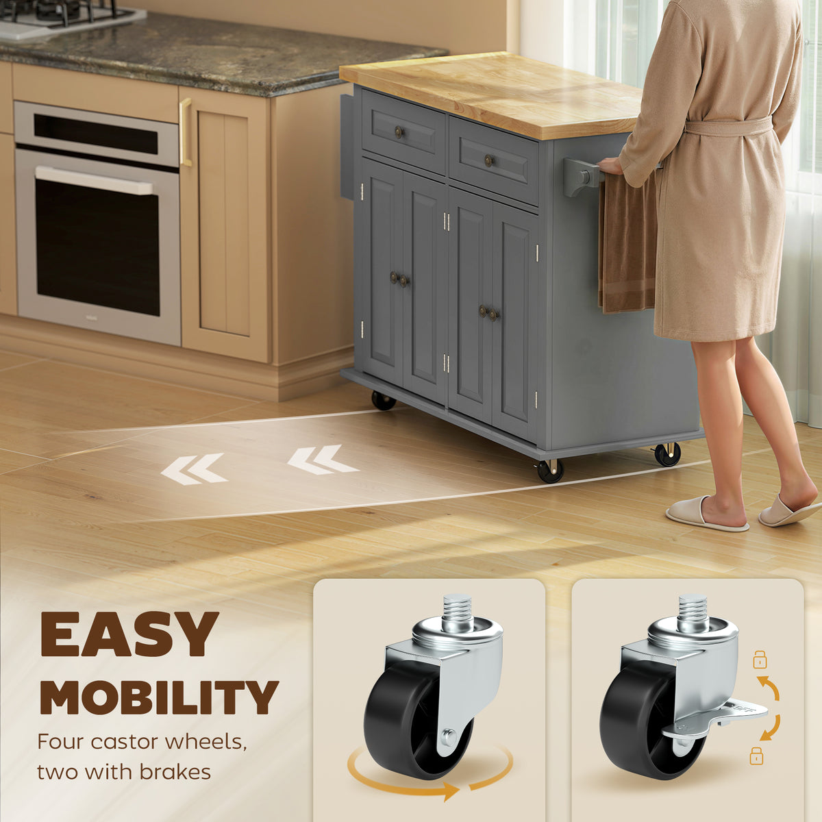 Grey rolling kitchen island with four caster wheels, two featuring brakes