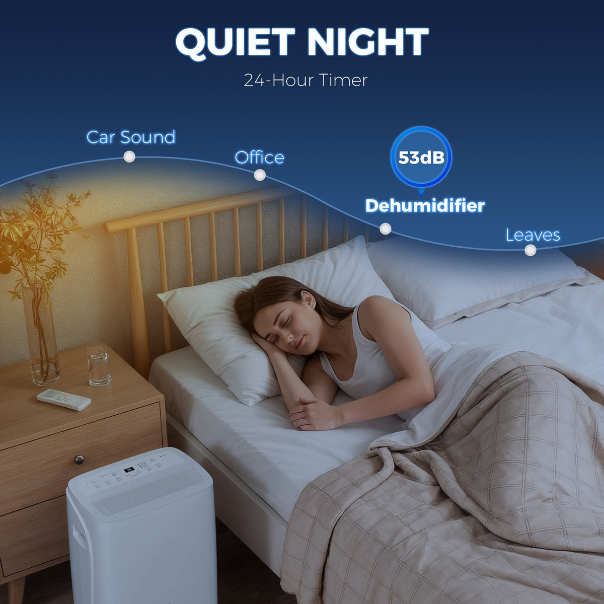 HOMCOM dehumidifier beside a bed, with 53 dB noise level and 24-hour timer