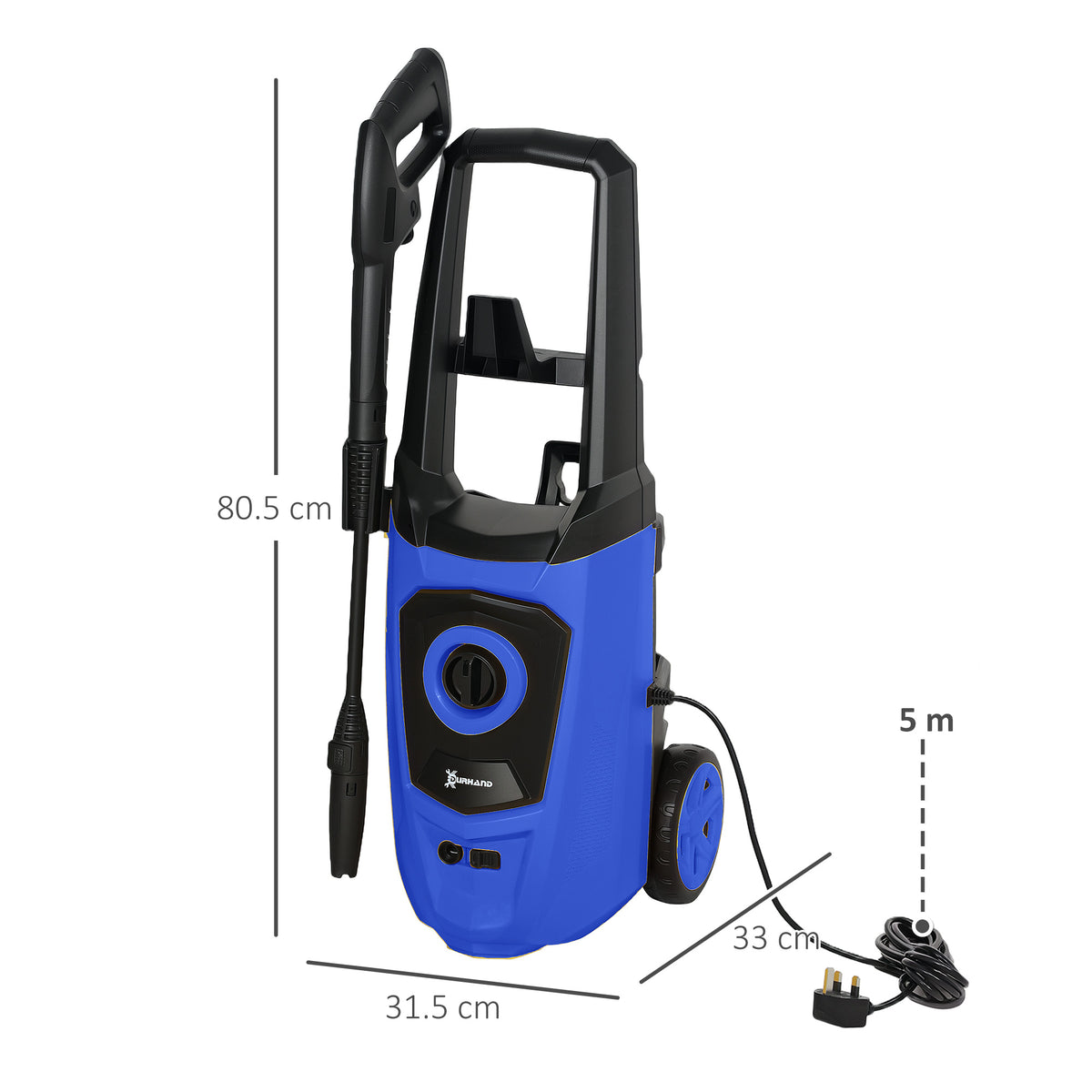 DURHAND blue pressure washer with spray gun, wheels and 5 m power cord; dimensions shown