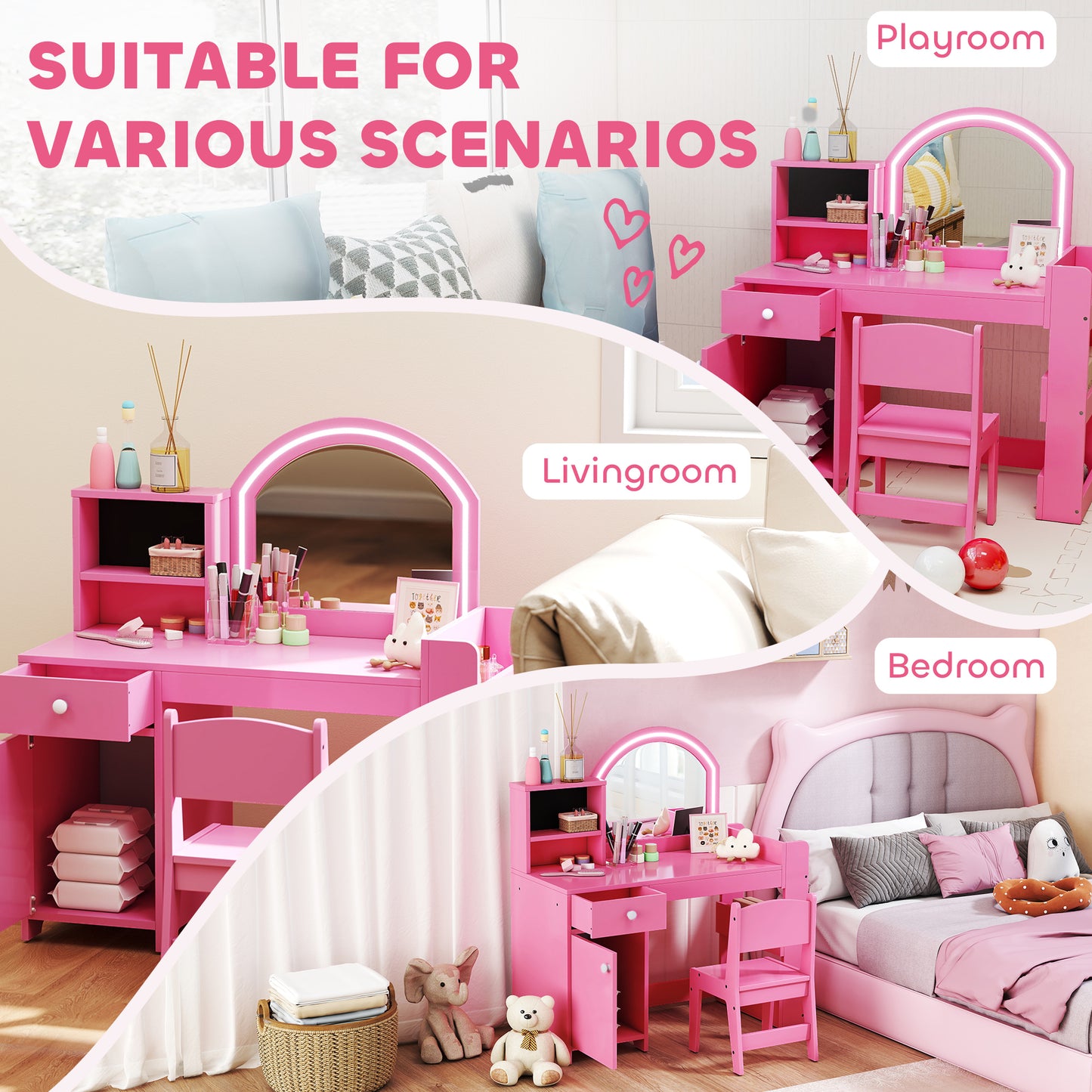 AIYAPLAY Kids Vanity Table and Chair Set, Girls Dressing Table with 2-Colour LED Mirror, Stool, Cabinet, Drawer, Shelves, Pink
