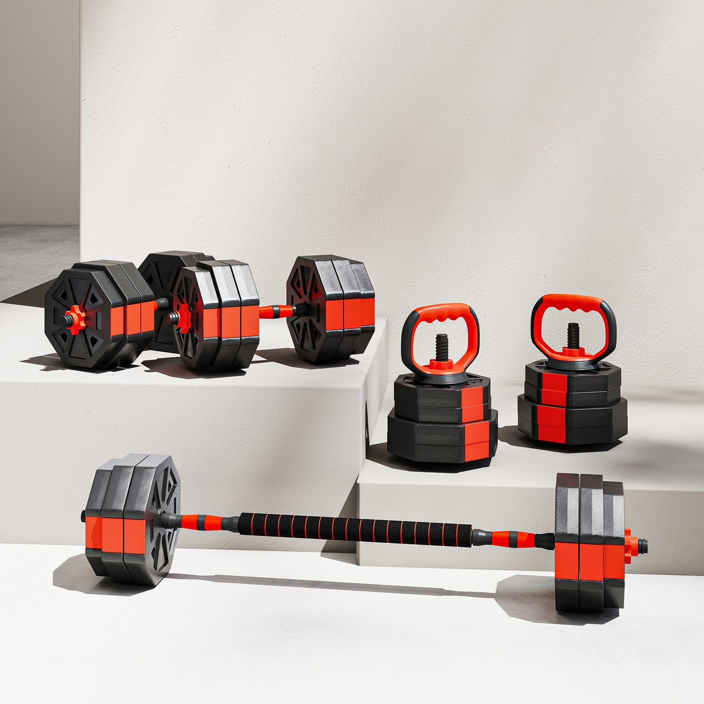 SPORTNOW 6-in-1 Adjustable Weight Dumbbells Set, Used as Kettlebell, Barbell, Dumbbell, Push-Up Stand, 30kg Free Weights Set for Men and Women Home Gym Training, Red