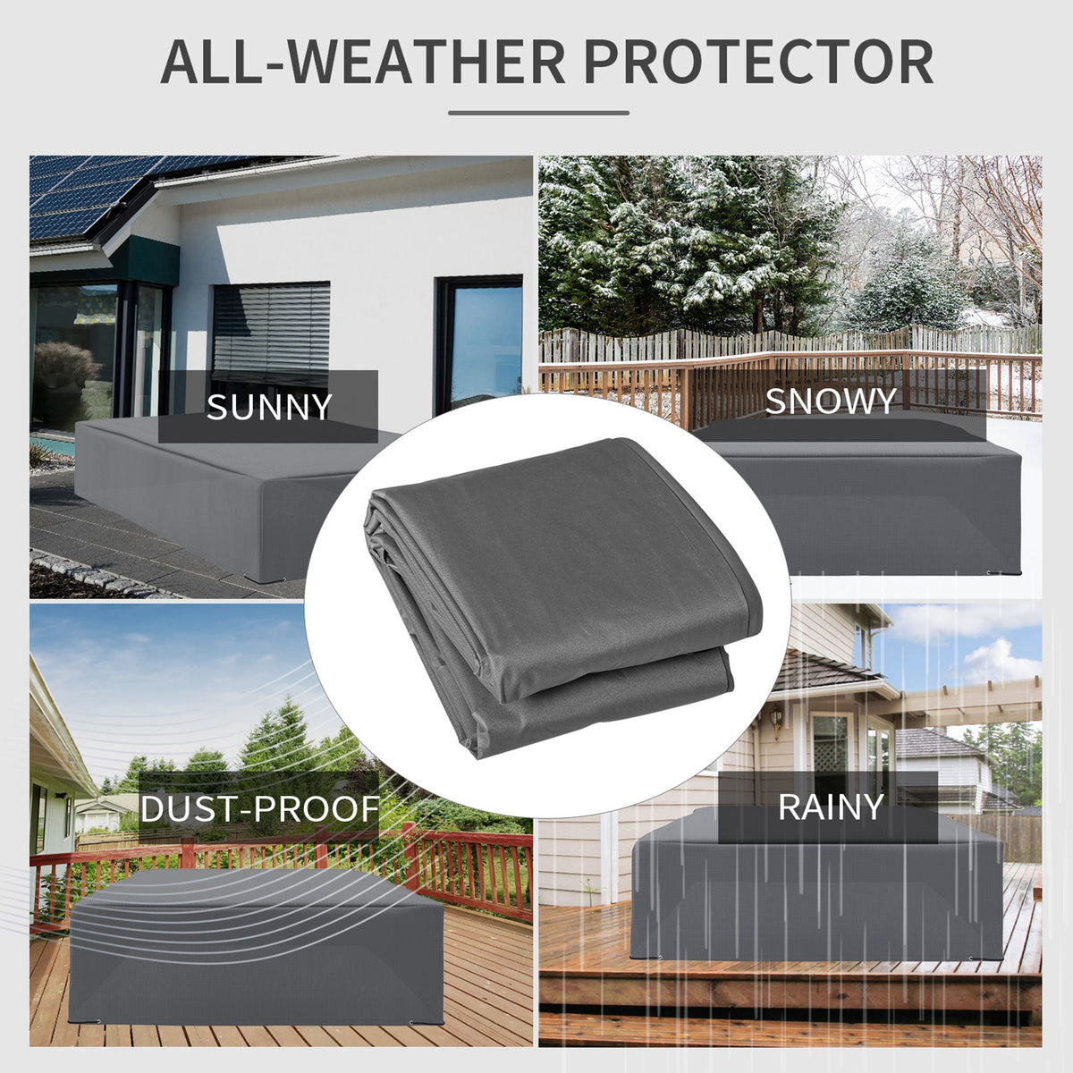 Grey all-weather outdoor furniture cover, shown folded and covering patio furniture.