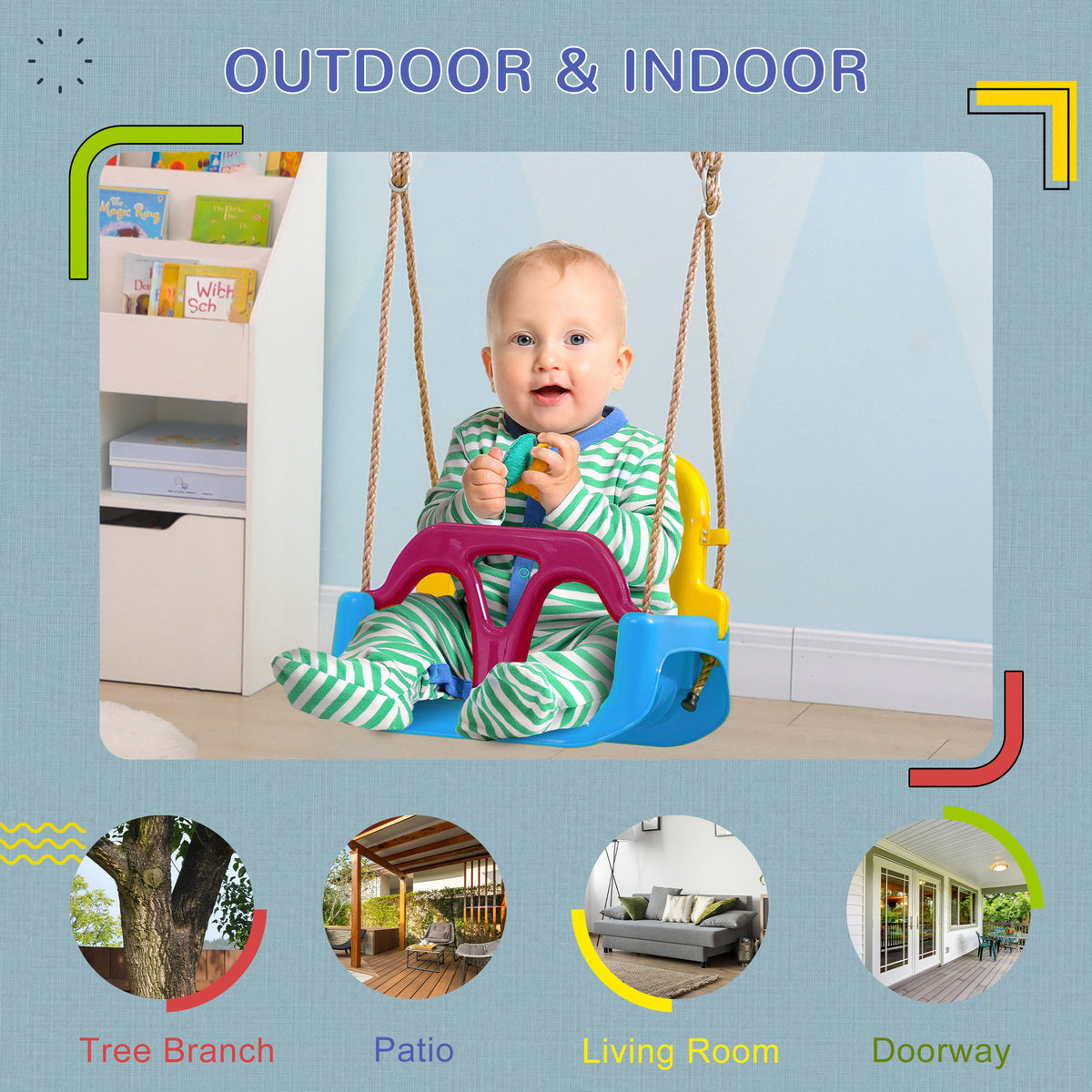 Outsunny 3-in-1 kids swing with a baby seated behind the front T-bar