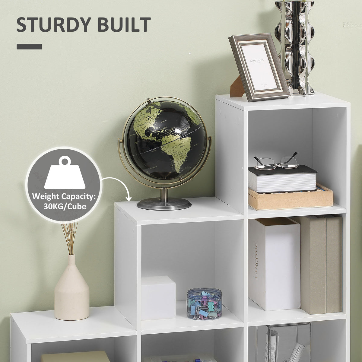 White six-cube bookcase shown holding decor, with a 30 kg capacity per cube