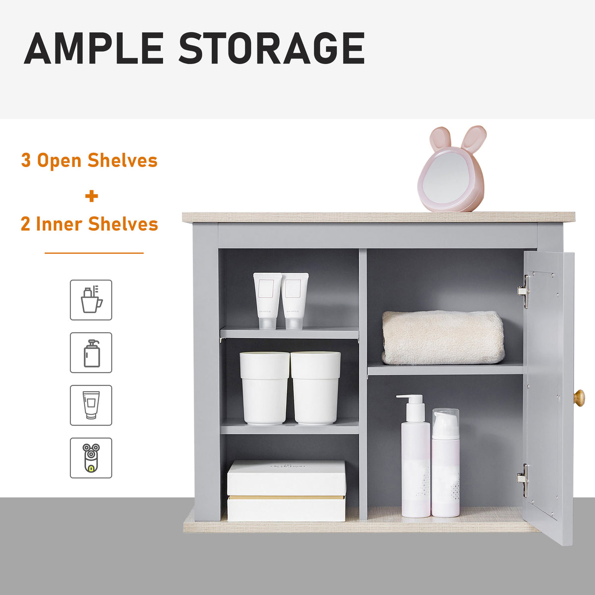 Open gray mirror cabinet showing three open shelves and two inner shelves