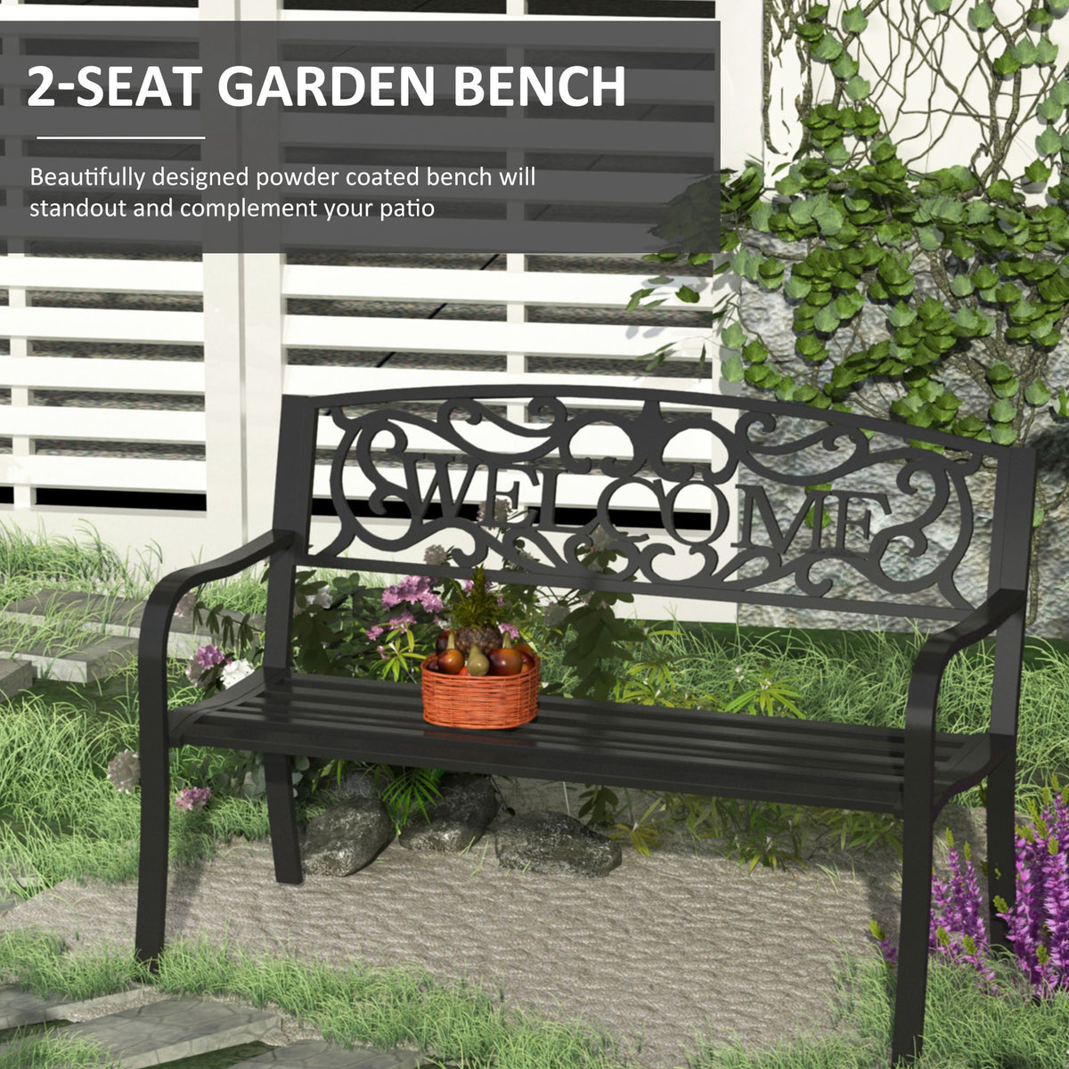 Two-seat black steel garden bench with curved arms and decorative “WELCOME” backrest