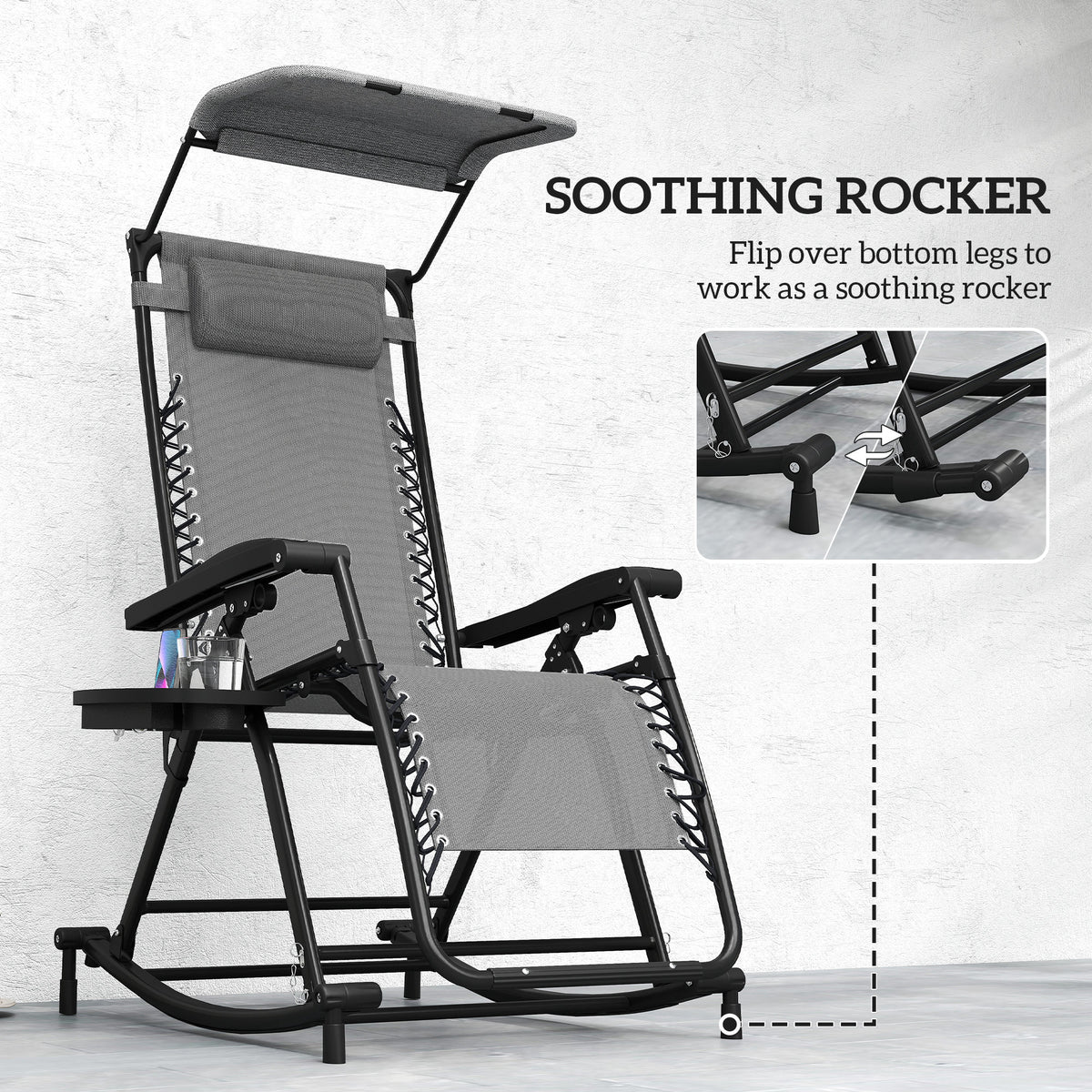 Outsunny Garden Rocking Chair Folding Recliner Outdoor Adjustable Sun Lounger Rocker Zero-Gravity Seat with Headrest Side Holder Patio Deck - Grey