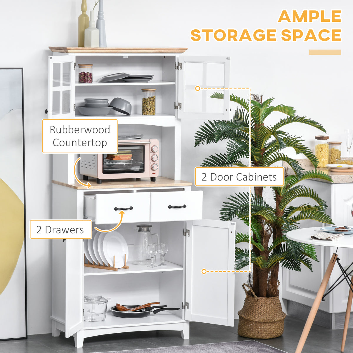White kitchen storage cabinet with glass doors, two drawers, wood-look countertop and open shelves