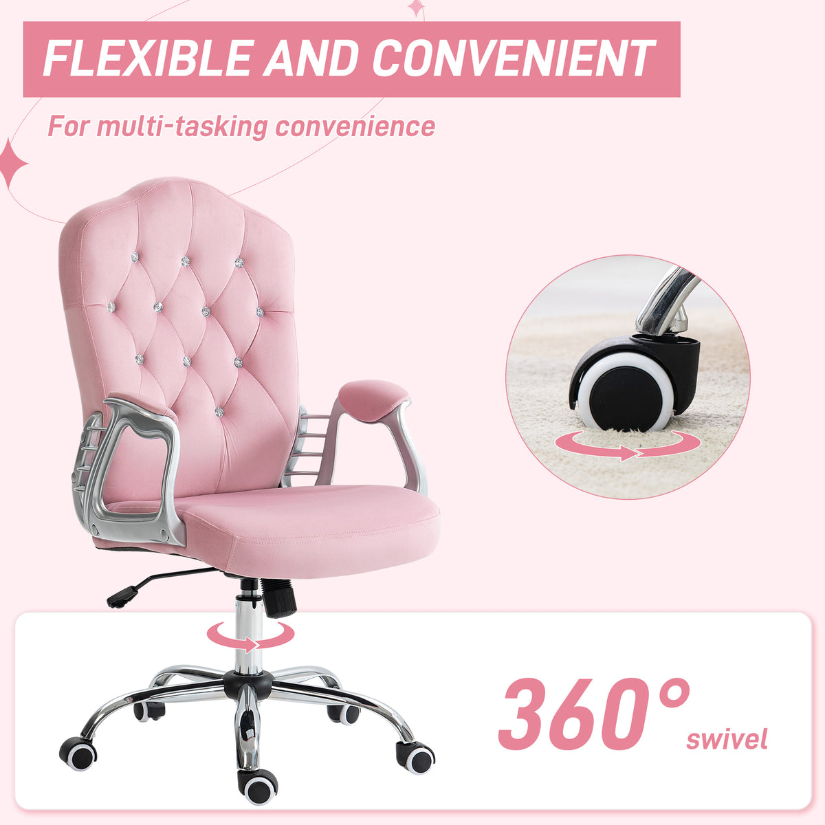 Pink swivel work chair with padded arms, chrome base, and rolling casters