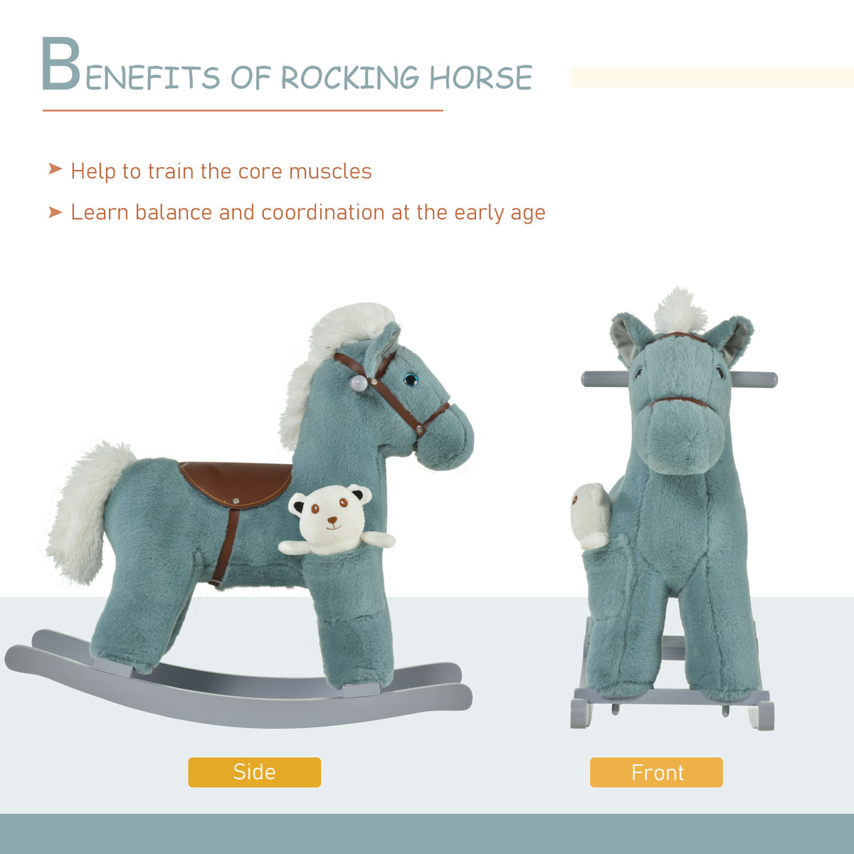 Blue plush rocking horse shown from the side and front