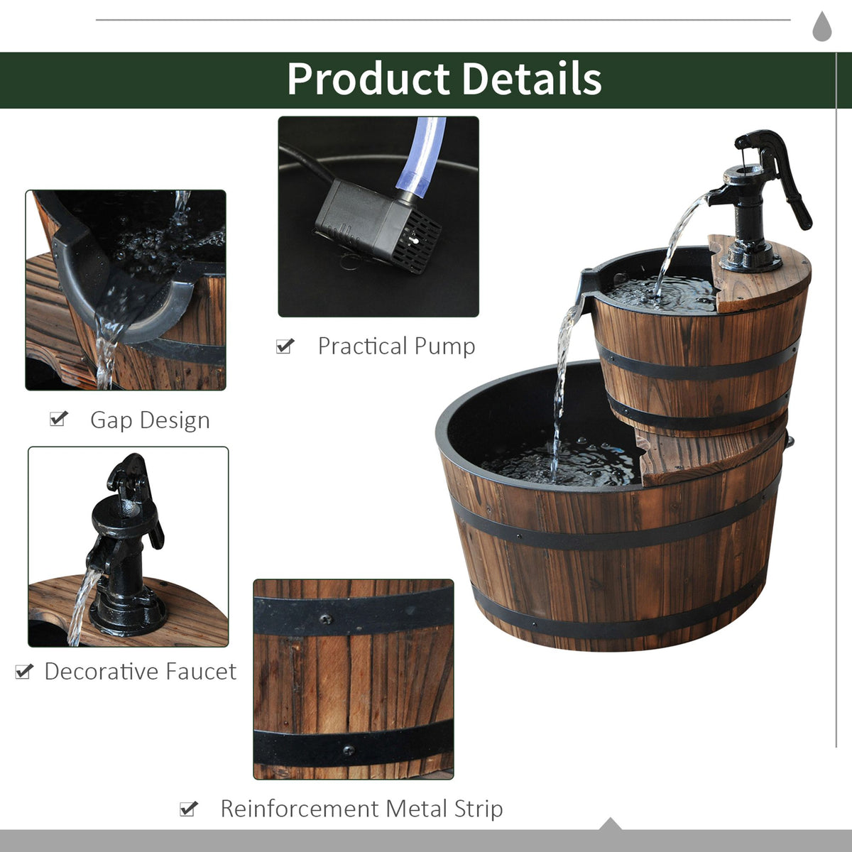 Wooden fountain details showing pump, water spillway, and metal bands