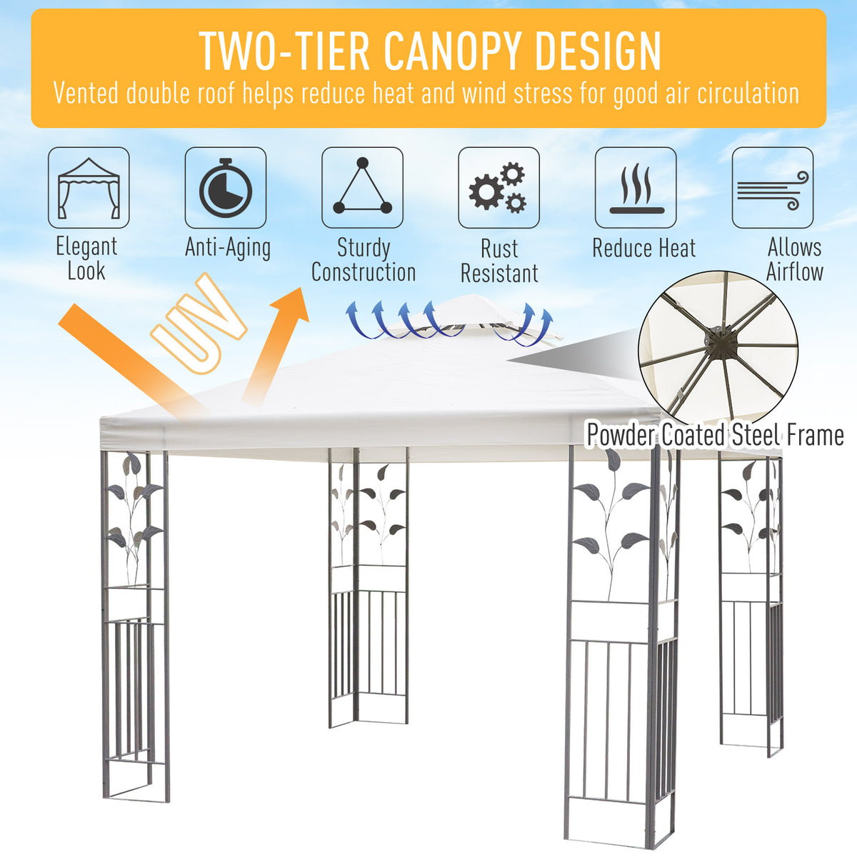 Outsunny gazebo with cream two-tier canopy and decorative steel frame