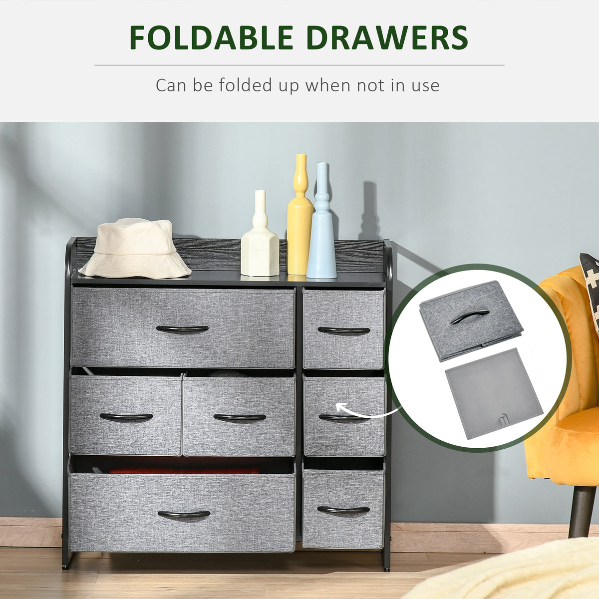 HOMCOM seven-drawer dresser with a folded fabric drawer shown beside it