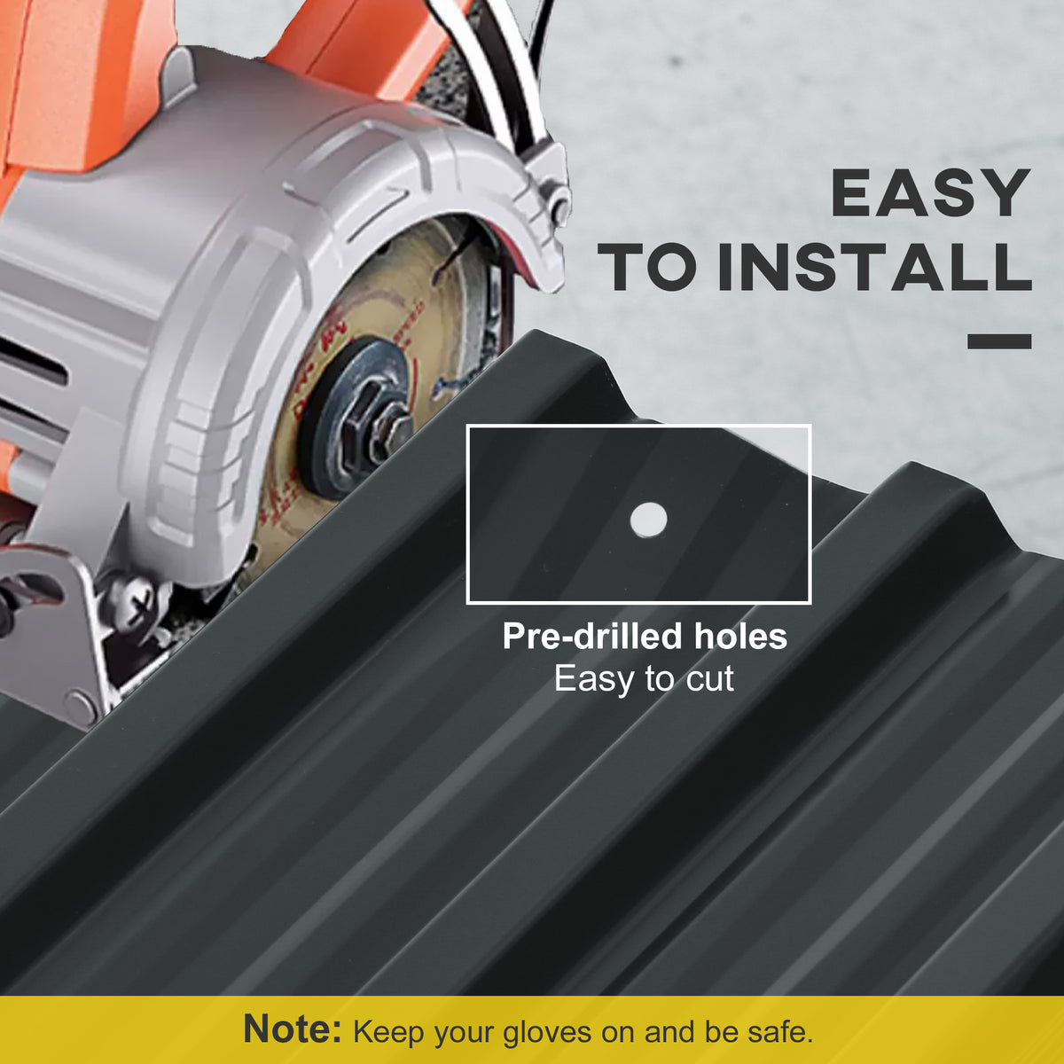 Dark gray corrugated steel roof panel with pre-drilled holes, shown being cut