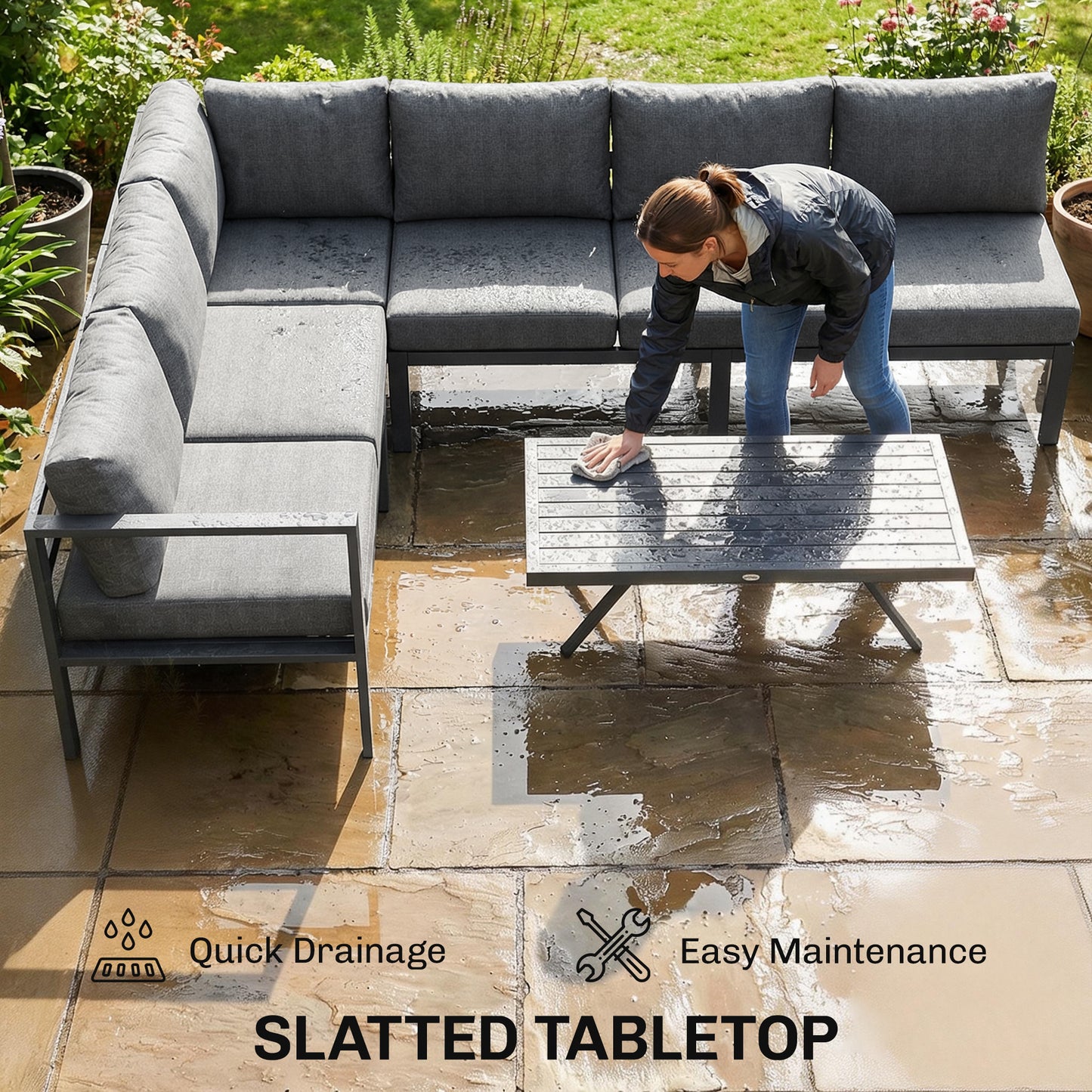 Outsunny 3 Pieces Garden Furniture Set, Aluminium Corner Lounge Set with Adjustable Backrest and Coffee Table