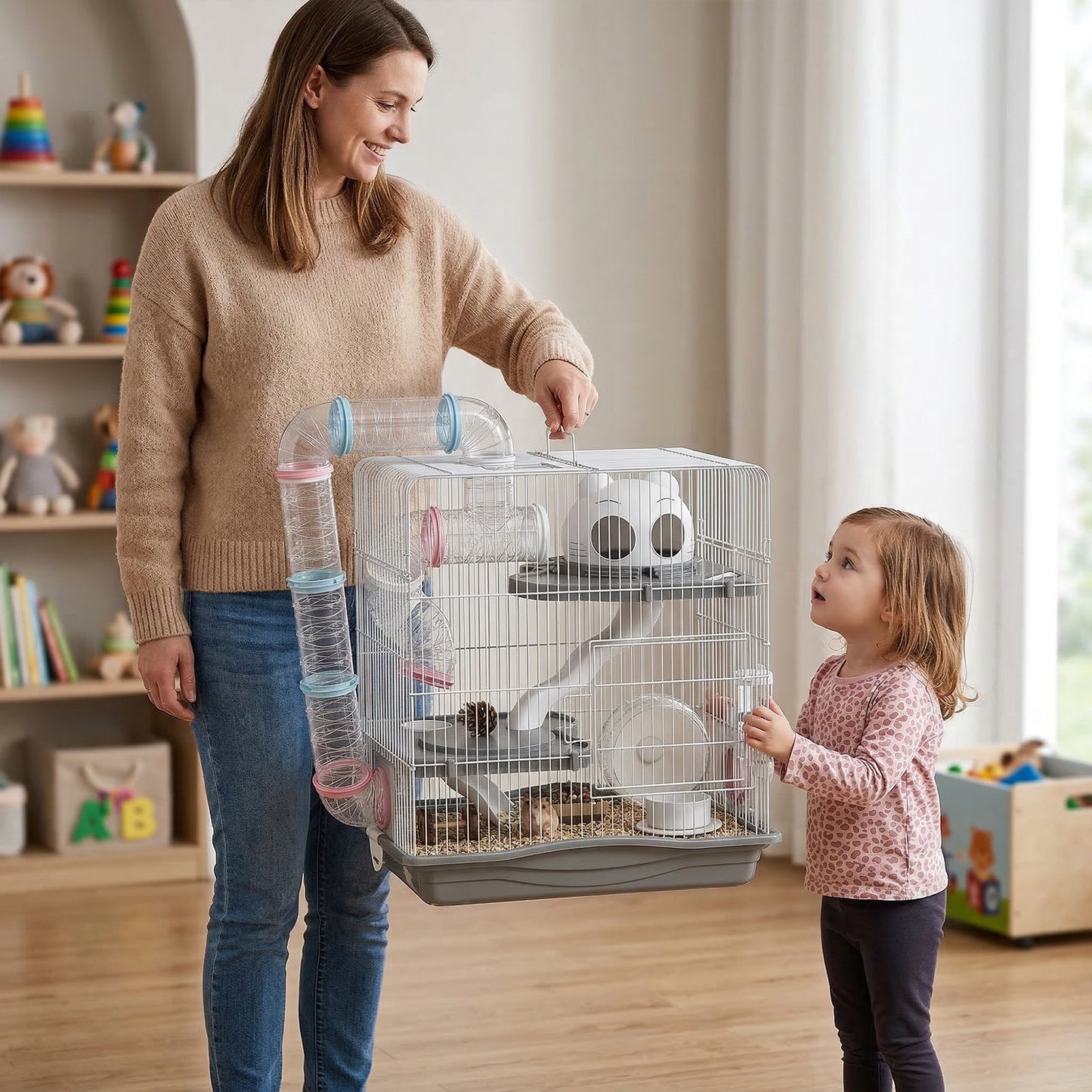 PawHut 3-Tier Hamster Cage with Exercise Wheels, Water Bottle, Food Dish, for Dwarf Hamsters, 45 x 30 x 45 cm, Grey
