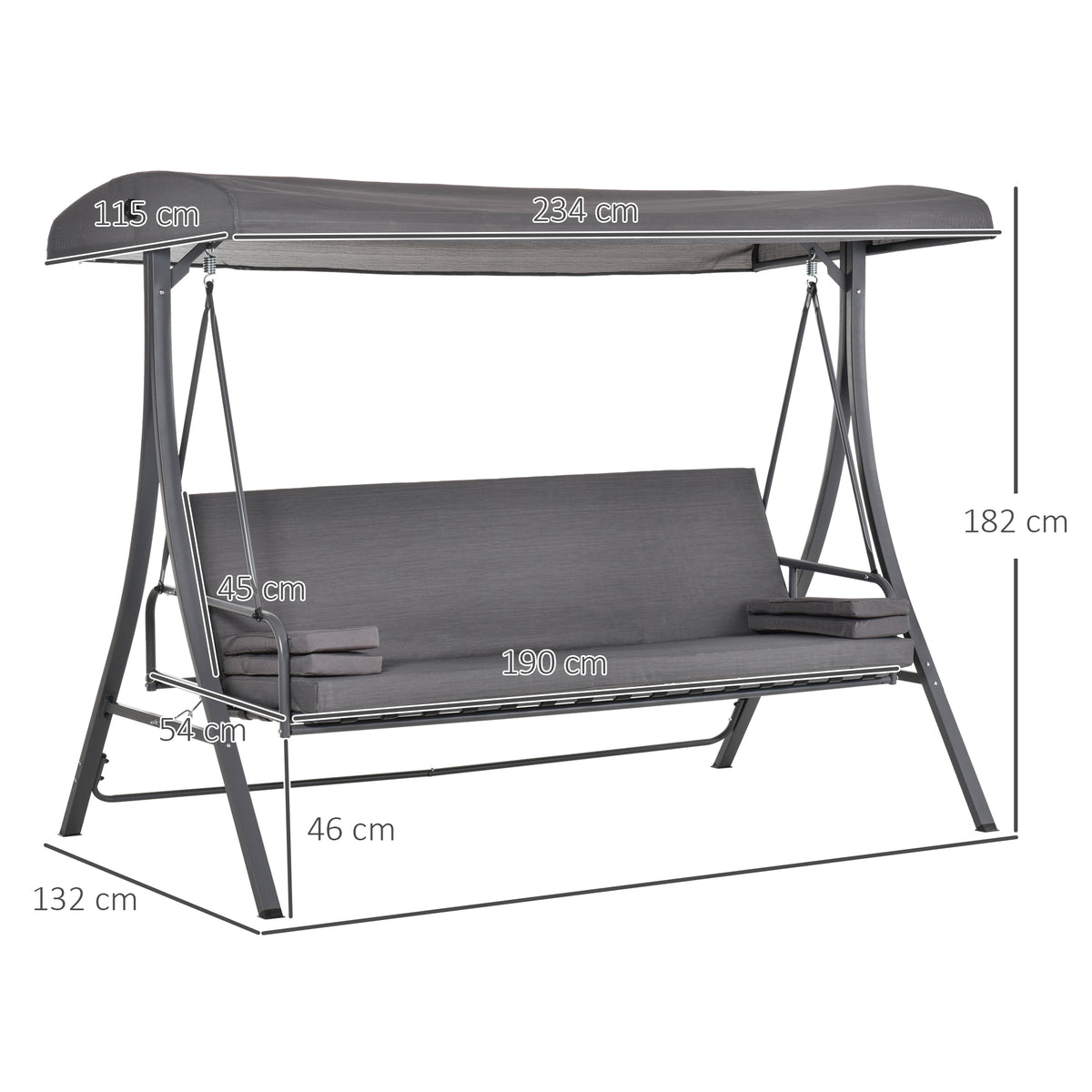 Outsunny gray three-seat patio swing with canopy, cushions and dimensions shown