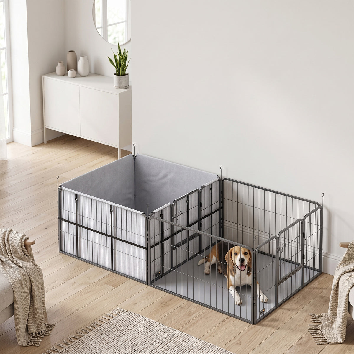Gray fabric-lined dog whelping box connected to a black metal playpen